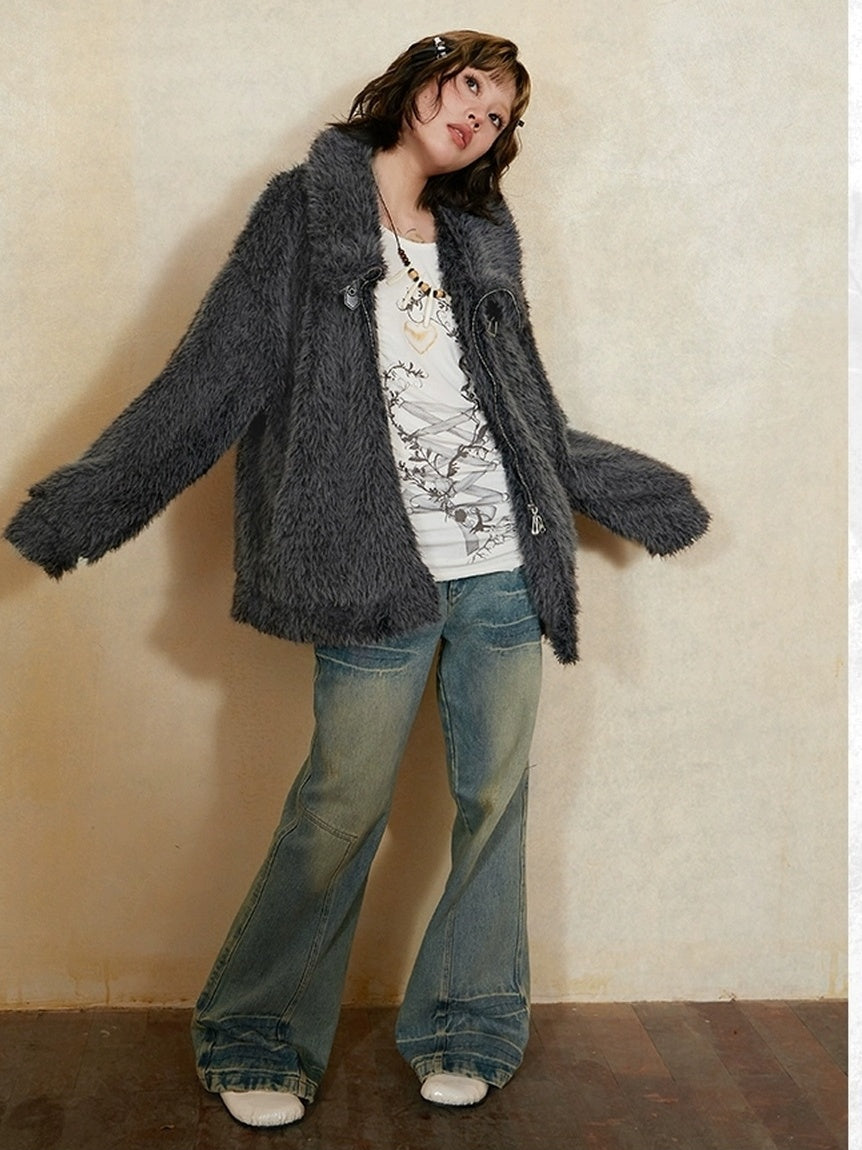 DoublePunch Thick Viscose Mid Length Loose Commuter Lapel Zipper Solid Women Jacket