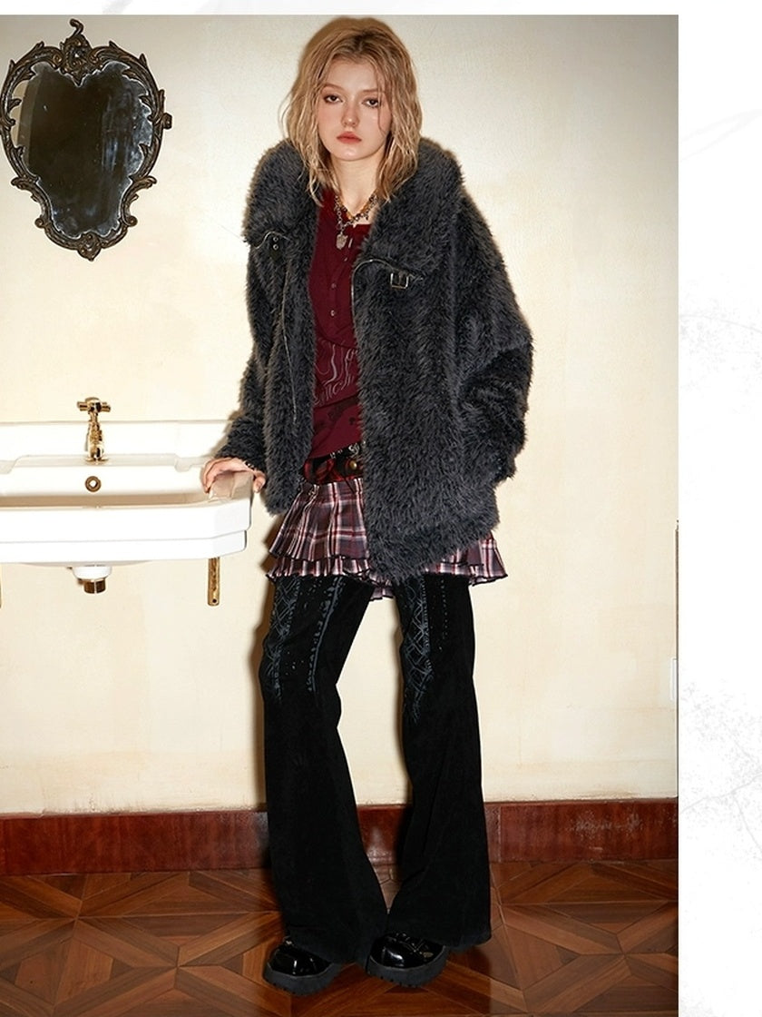 DoublePunch Thick Viscose Mid Length Loose Commuter Lapel Zipper Solid Women Jacket