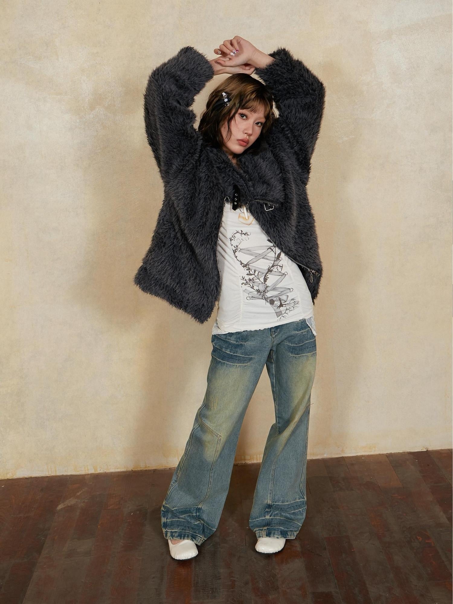 DoublePunch Thick Viscose Mid Length Loose Commuter Lapel Zipper Solid Women Jacket