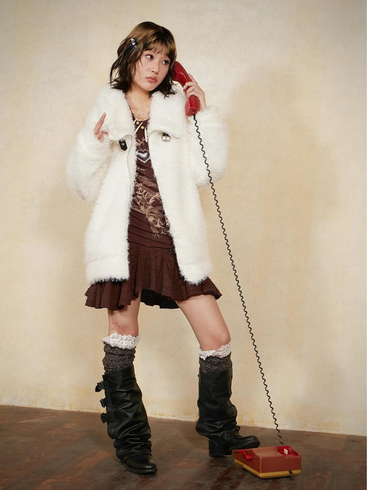 DoublePunch Thick Viscose Mid Length Loose Commuter Lapel Zipper Solid Women Jacket