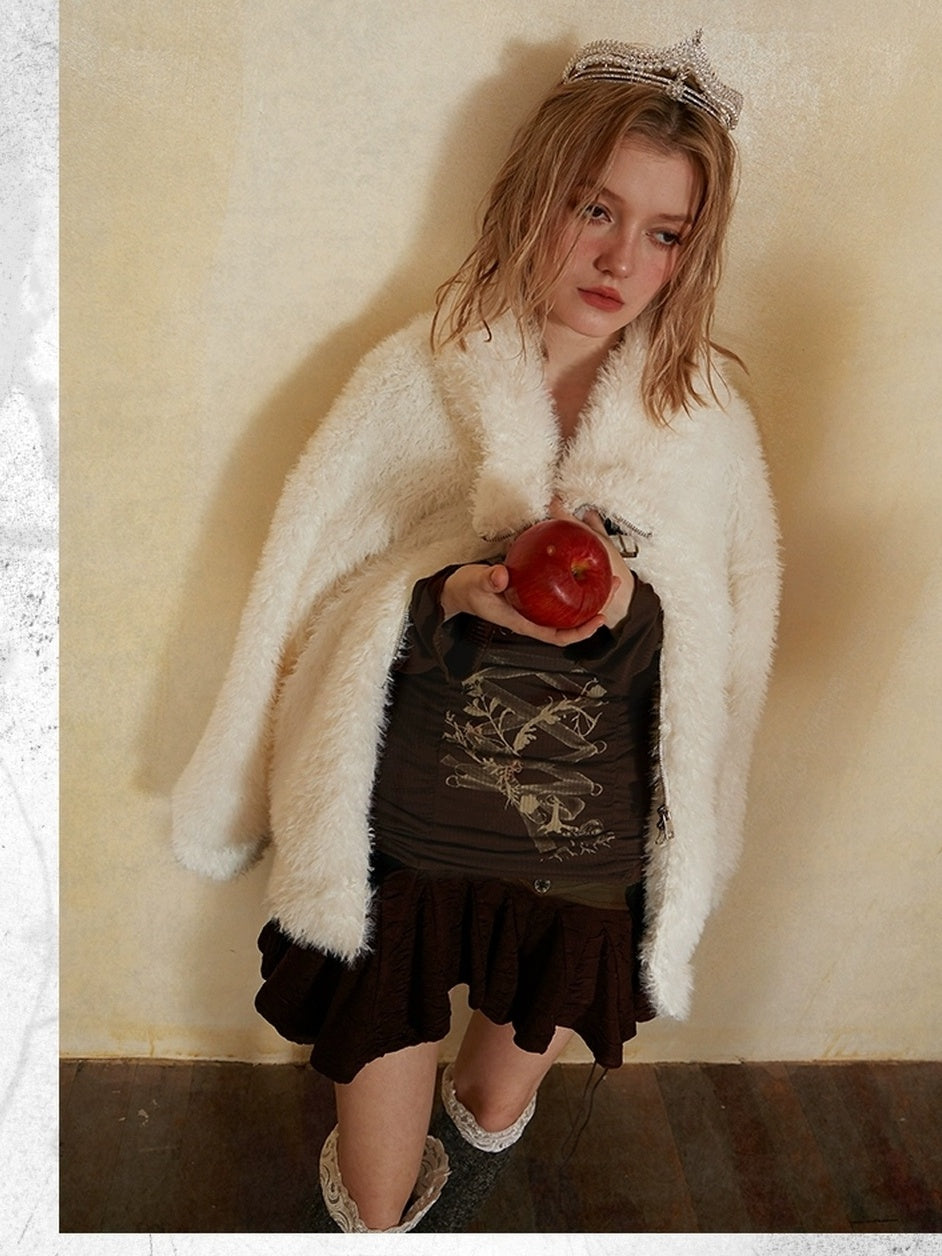 DoublePunch Thick Viscose Mid Length Loose Commuter Lapel Zipper Solid Women Jacket