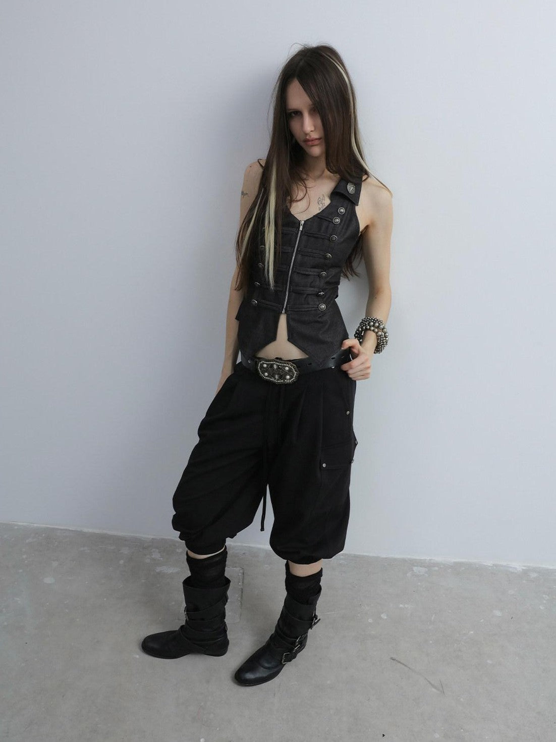DoublePunch V-neck Vintage Metal Double Row Buttons Slim Waist Women&