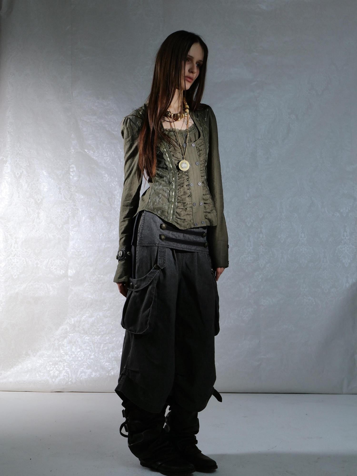 DoublePunch Vintage Court Lace Spliced Square Neck Slim Fit Women&