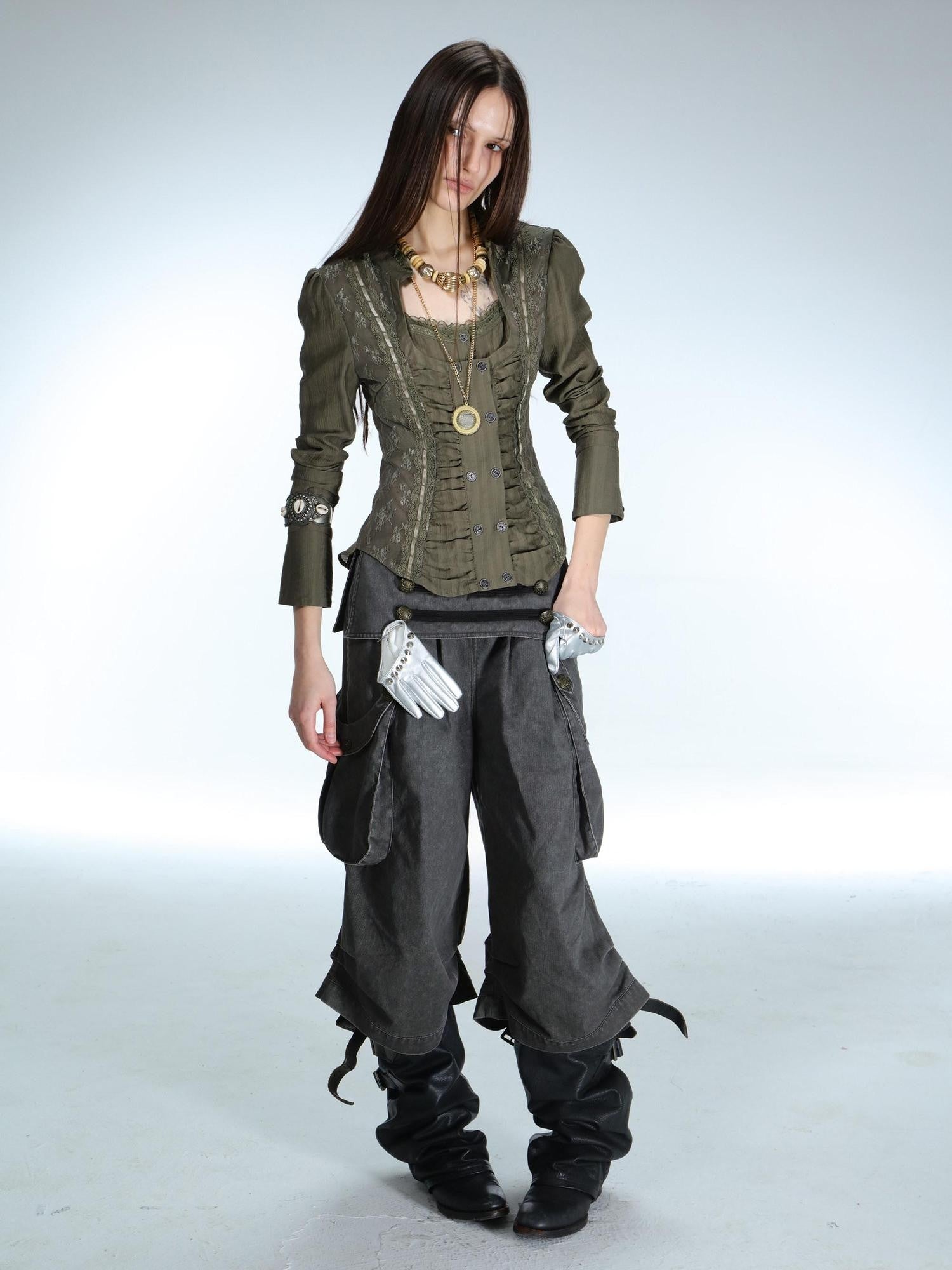 DoublePunch Vintage Court Lace Spliced Square Neck Slim Fit Women&