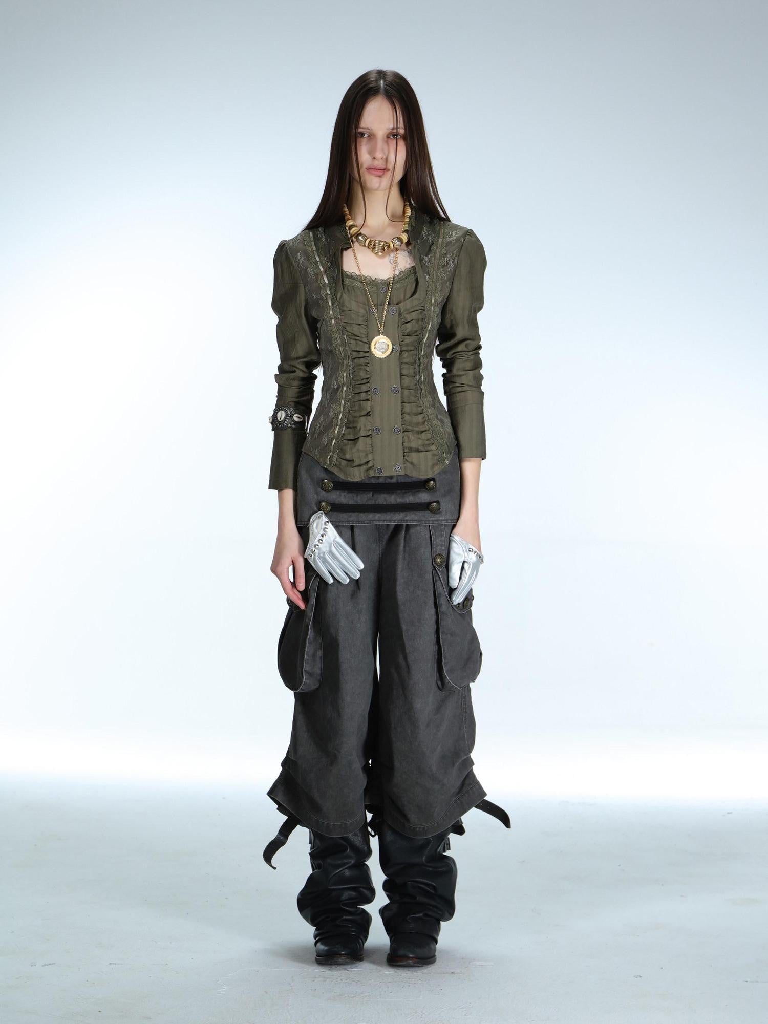 DoublePunch Vintage Court Lace Spliced Square Neck Slim Fit Women&