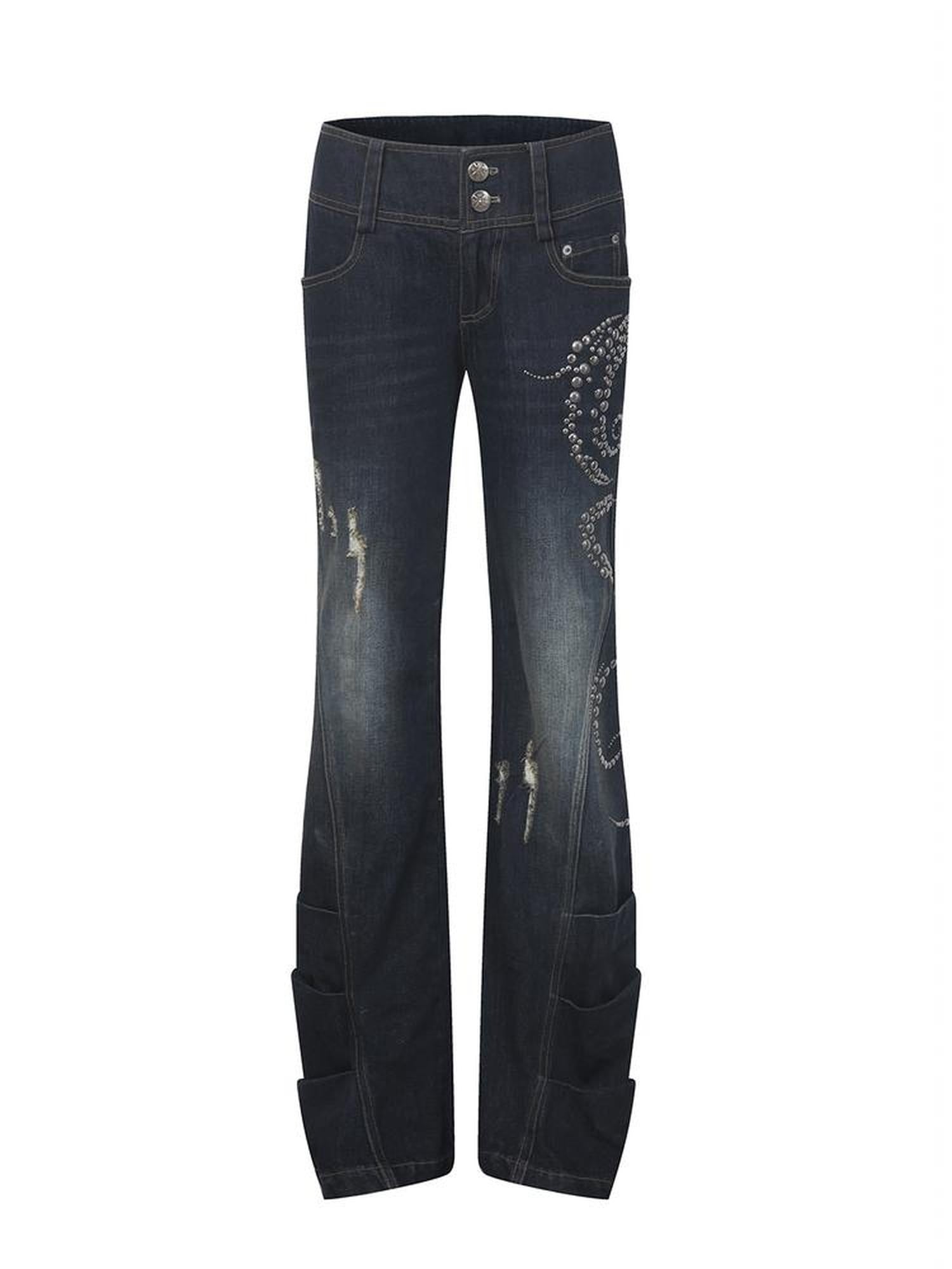 DoublePunch Vintage Distressed Low Rise Relaxed Cotton Zipper Fly Women Deep Blue Jeans