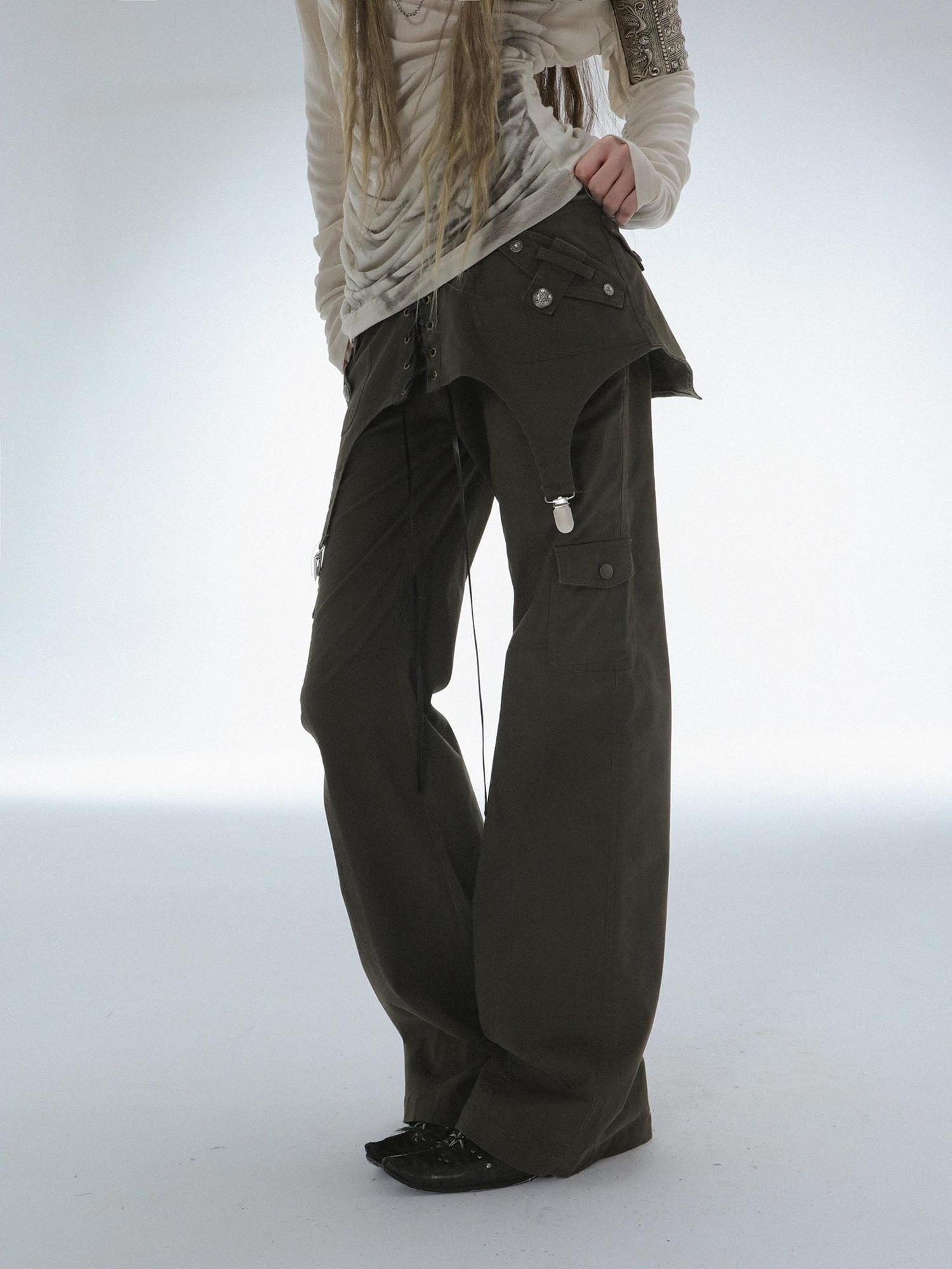 DoublePunch Vintage Distressed Patchwork Mid Low Waist Straight Cotton Stretch Women Pants