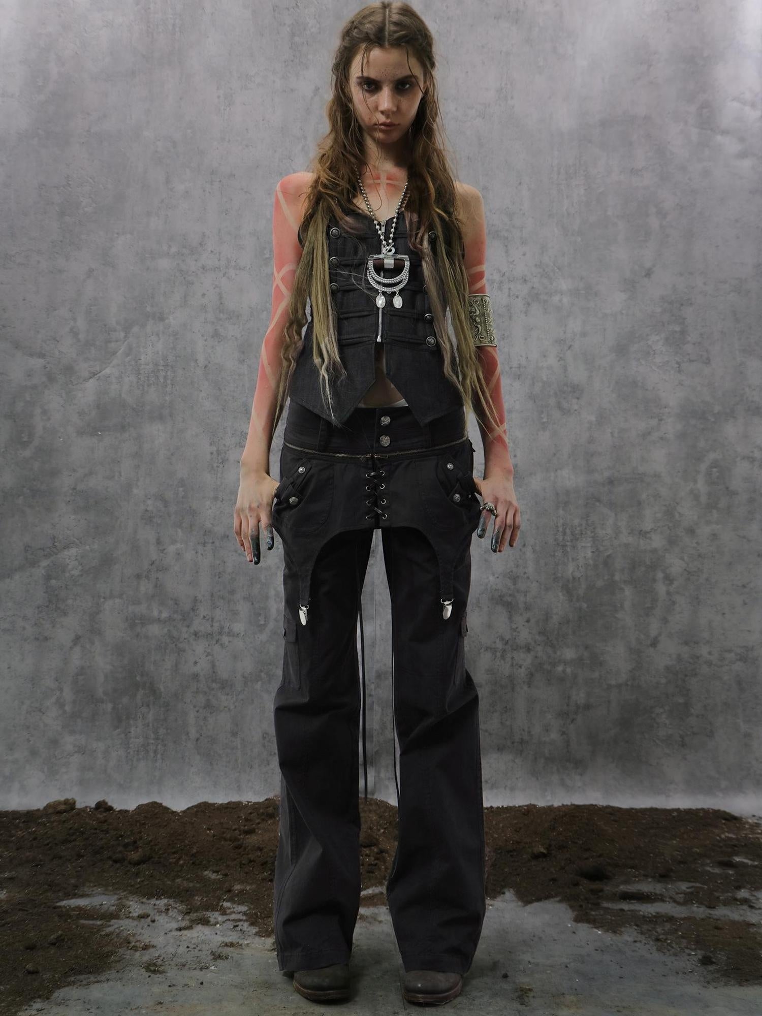 DoublePunch Vintage Distressed Patchwork Mid Low Waist Straight Cotton Stretch Women Pants