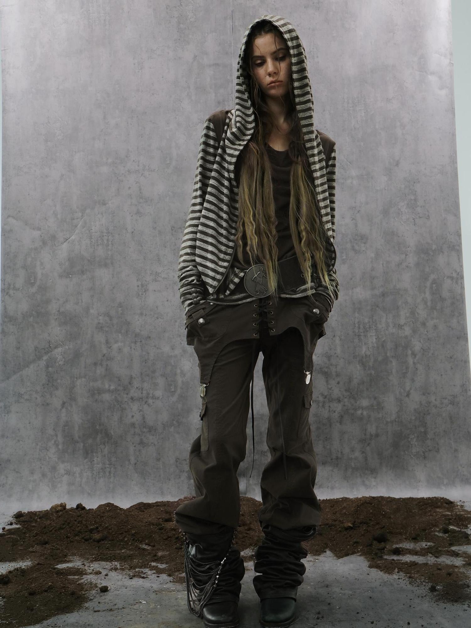 DoublePunch Vintage Distressed Patchwork Mid Low Waist Straight Cotton Stretch Women Pants