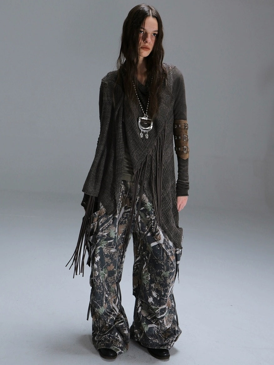 DoublePunch Vintage Oversized Fringe Knit Women Midlength Longsleeve Wool Blend Cardigans