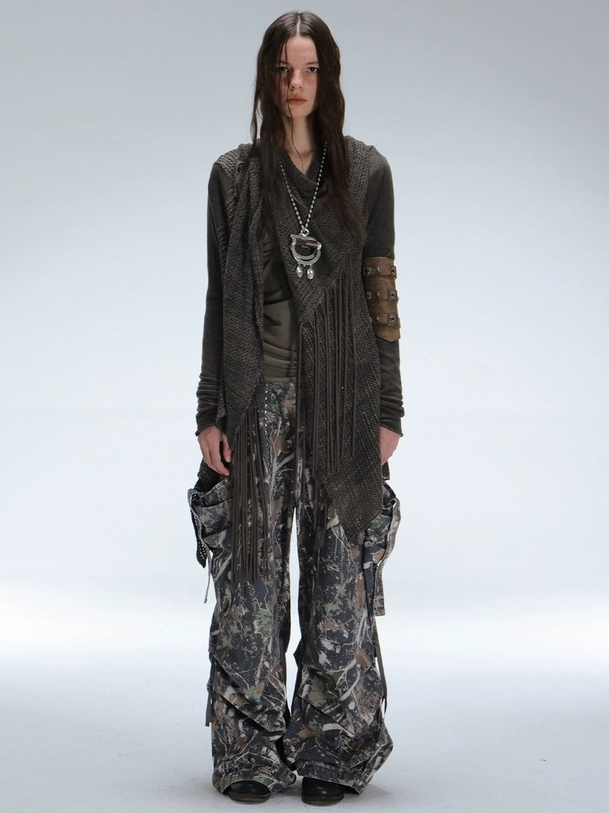 DoublePunch Vintage Oversized Fringe Knit Women Midlength Longsleeve Wool Blend Cardigans