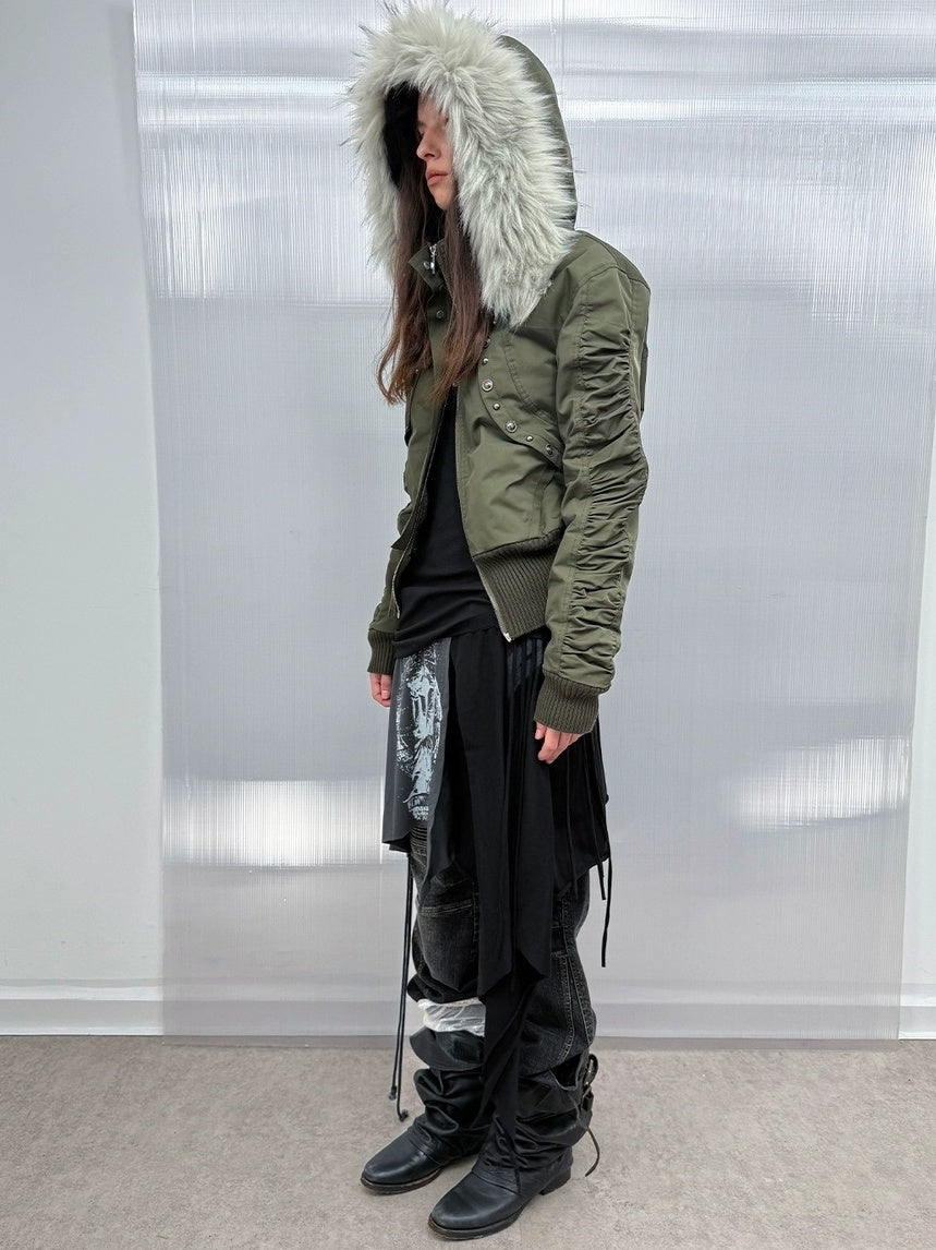 DoublePunch Warm Thick Punk Slim Cinched Waist Women Hooded Zip Ribbed Hem Puffer Jacket