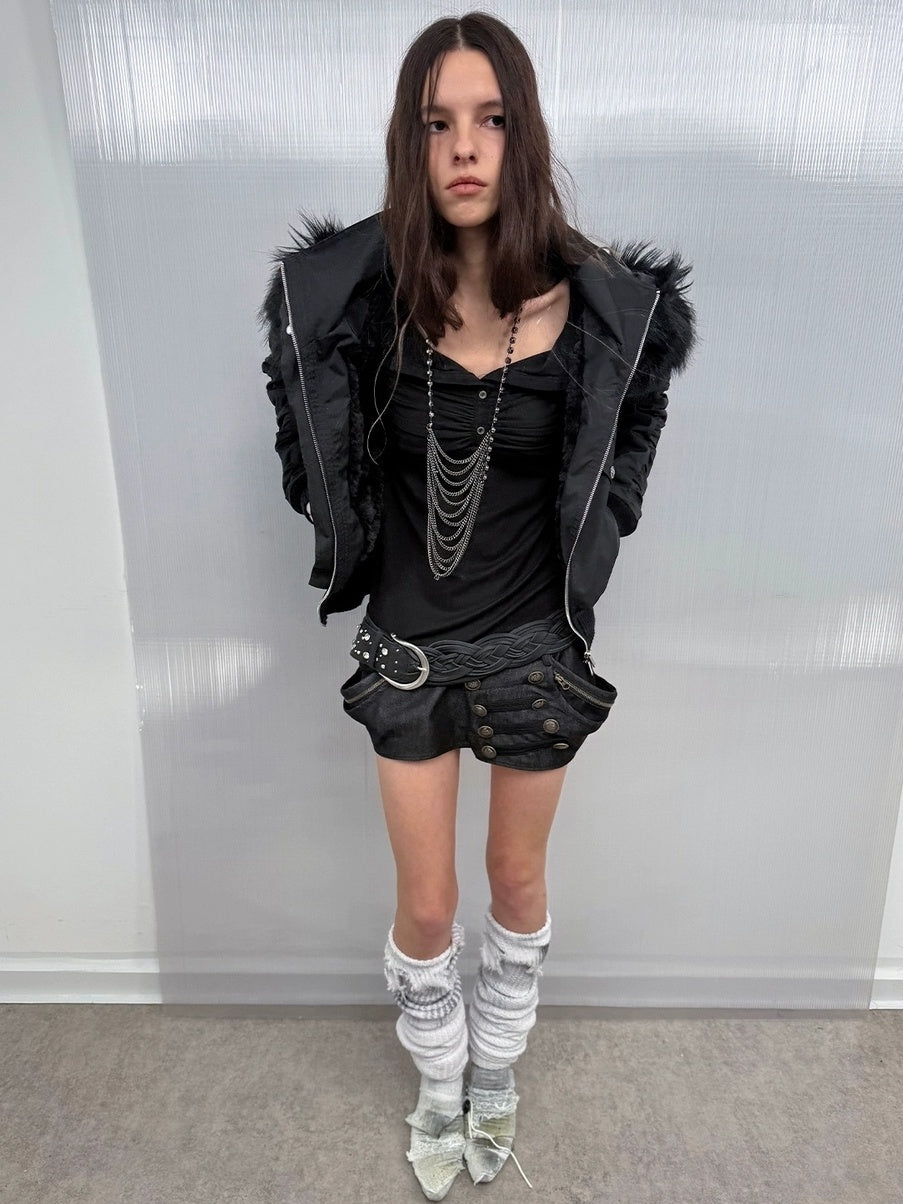 DoublePunch Warm Thick Punk Slim Cinched Waist Women Hooded Zip Ribbed Hem Puffer Jacket