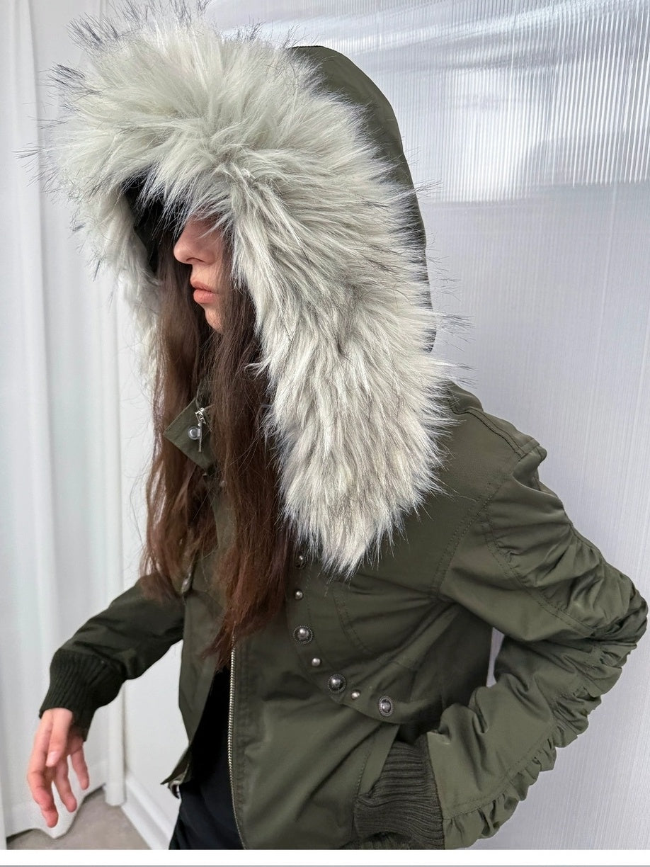 DoublePunch Warm Thick Punk Slim Cinched Waist Women Hooded Zip Ribbed Hem Puffer Jacket