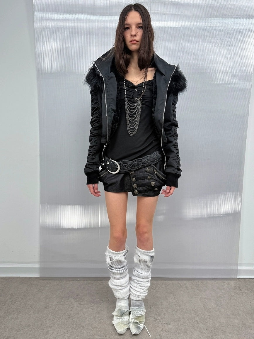 DoublePunch Warm Thick Punk Slim Cinched Waist Women Hooded Zip Ribbed Hem Puffer Jacket