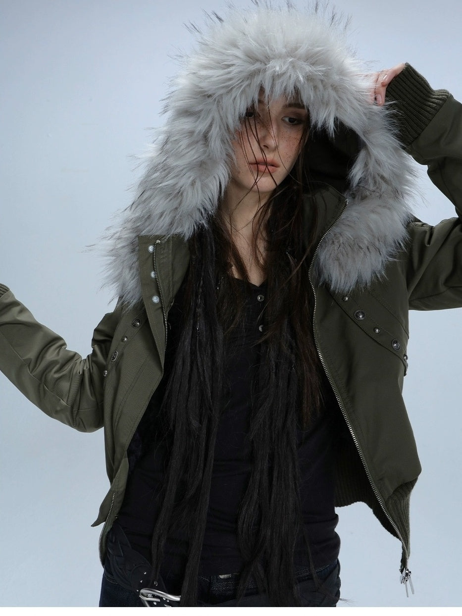 DoublePunch Warm Thick Punk Slim Cinched Waist Women Hooded Zip Ribbed Hem Puffer Jacket