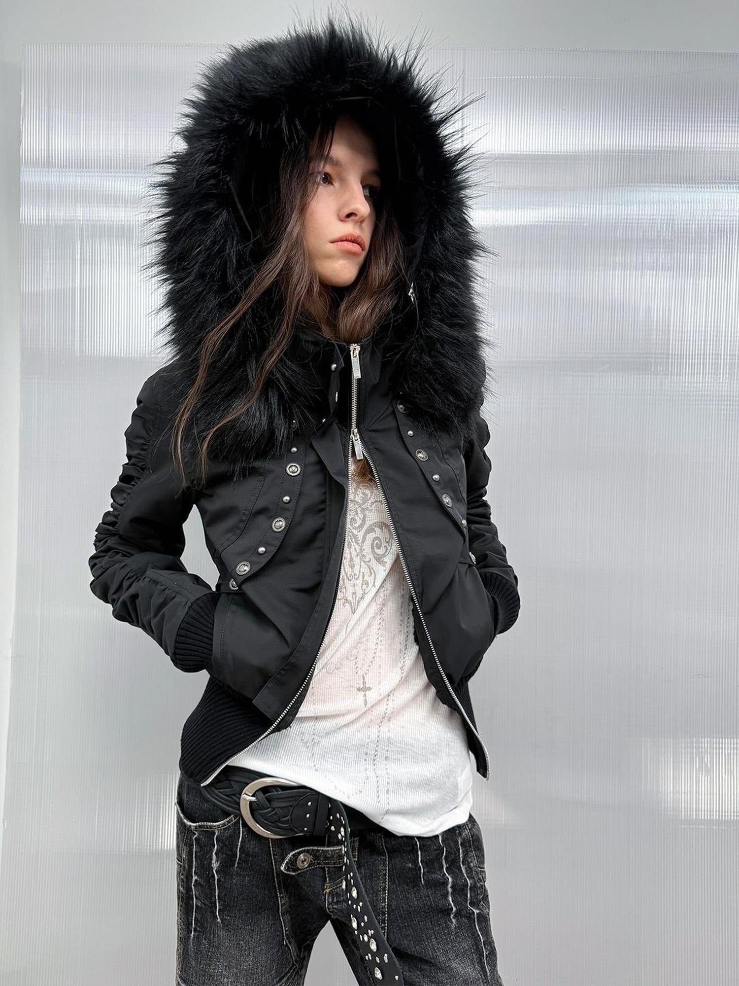 DoublePunch Warm Thick Punk Slim Cinched Waist Women Hooded Zip Ribbed Hem Puffer Jacket