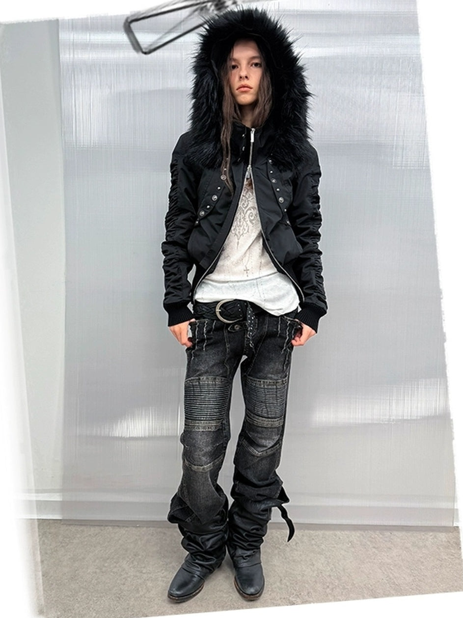 DoublePunch Warm Thick Punk Slim Cinched Waist Women Hooded Zip Ribbed Hem Puffer Jacket