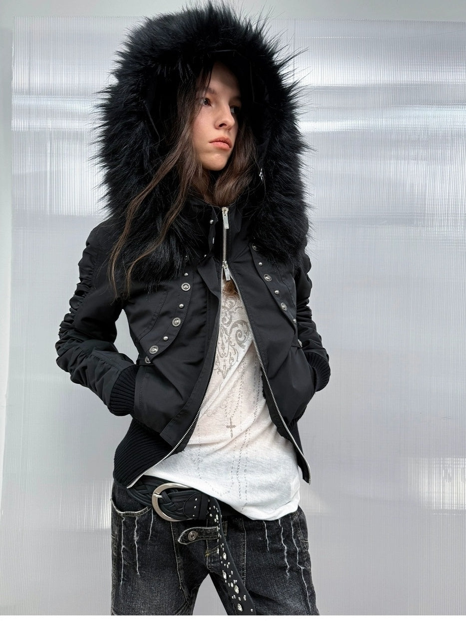 DoublePunch Warm Thick Punk Slim Cinched Waist Women Hooded Zip Ribbed Hem Puffer Jacket