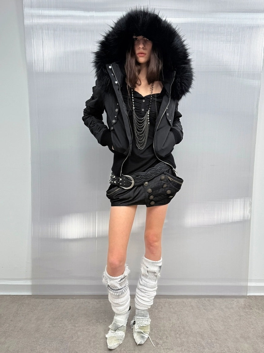 DoublePunch Warm Thick Punk Slim Cinched Waist Women Hooded Zip Ribbed Hem Puffer Jacket