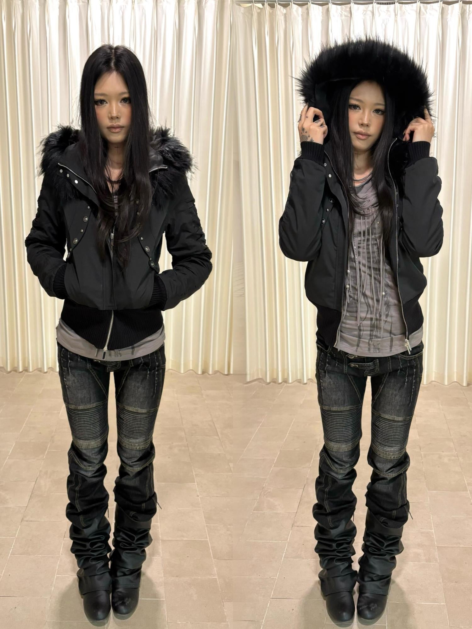 DoublePunch Washed Distressed Biker Pocket Low Waist Women&