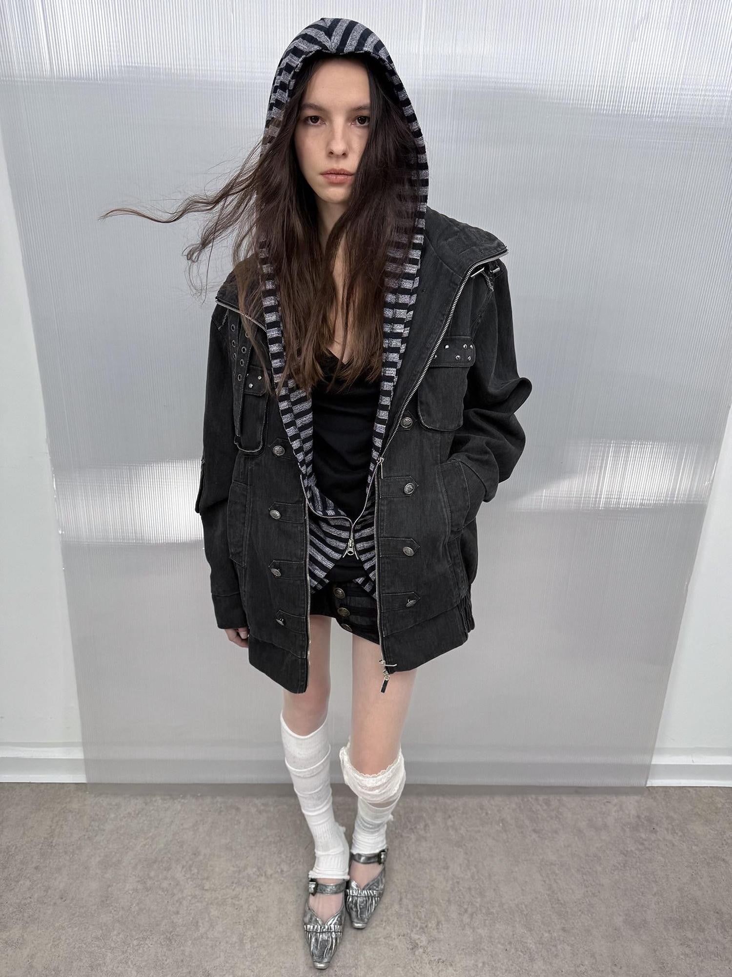 DoublePunch Washed Padded Drop Shoulder Midlength Loose Women&
