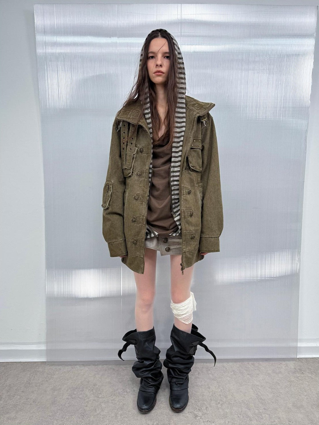 DoublePunch Washed Padded Drop Shoulder Midlength Loose Women&