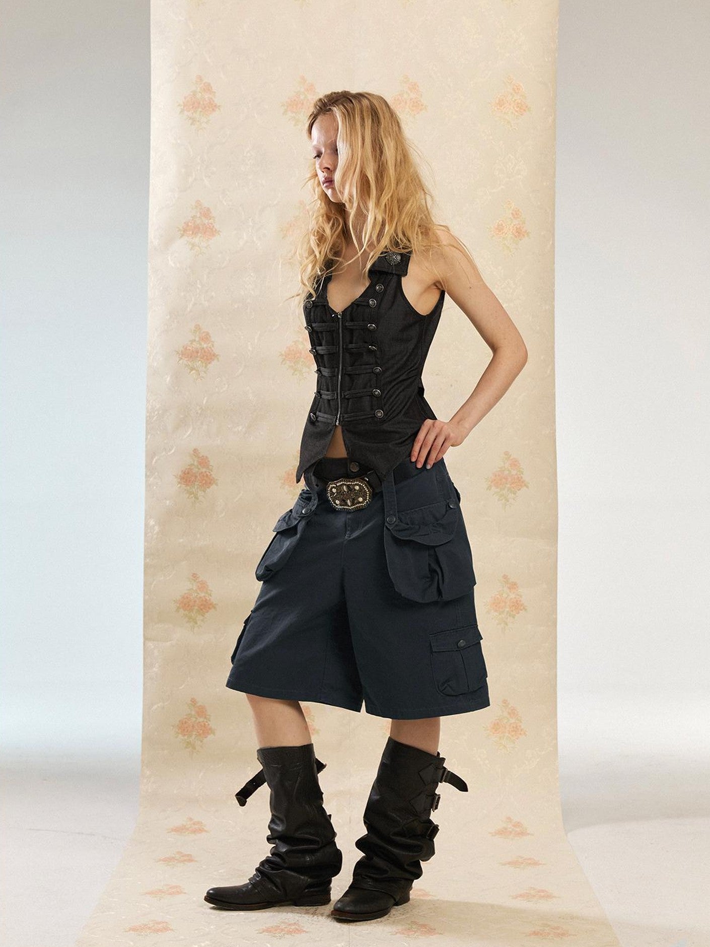 DoublePunch Washed Vintage Wide Leg Cargo Pocket Women&
