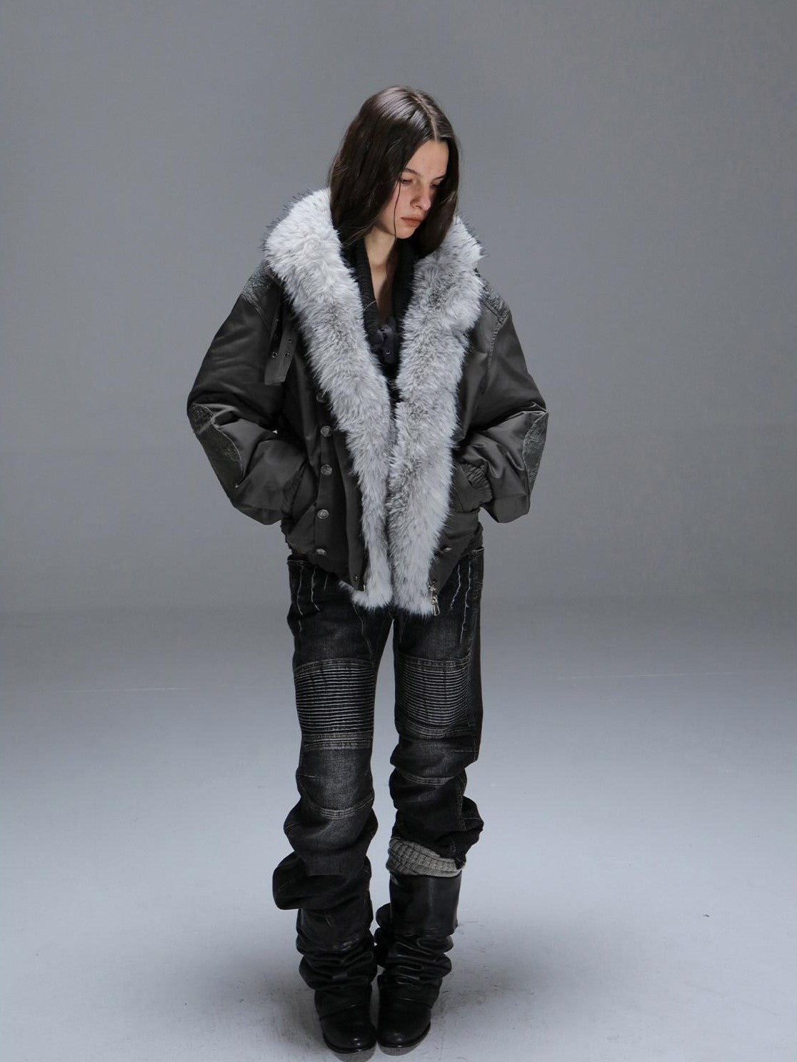 DoublePunch White Fur Collar Punk Patchwork Lace Oversized Women&