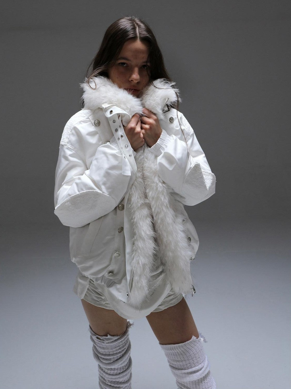 DoublePunch White Fur Collar Punk Patchwork Lace Oversized Women&