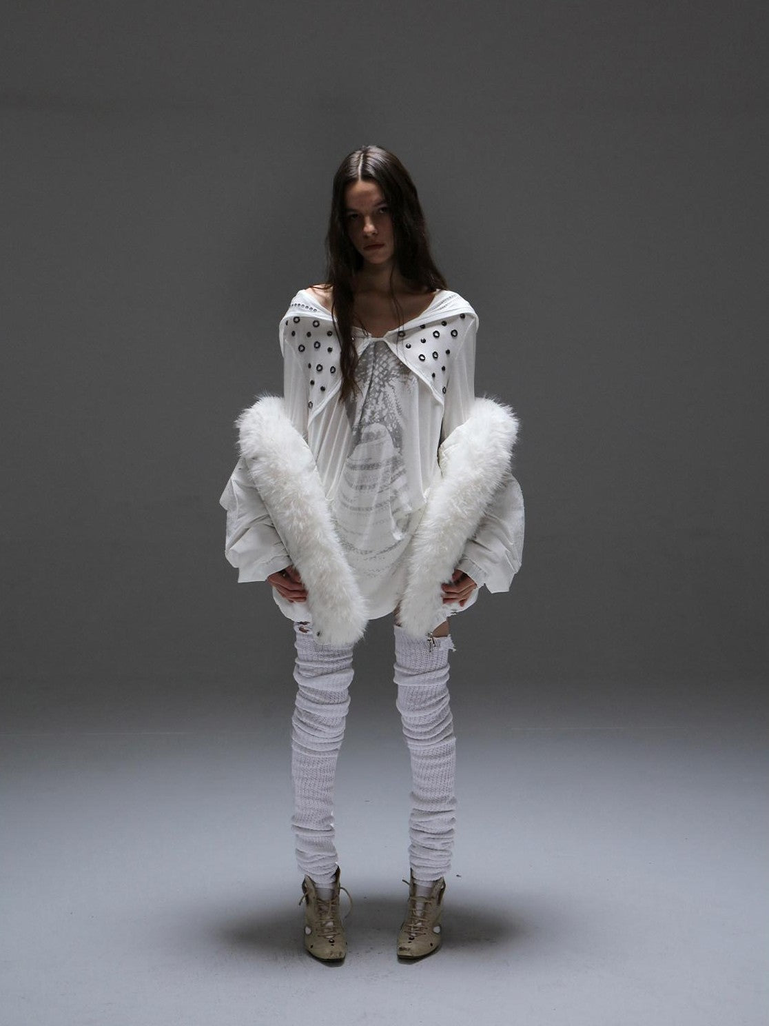 DoublePunch White Fur Collar Punk Patchwork Lace Oversized Women&