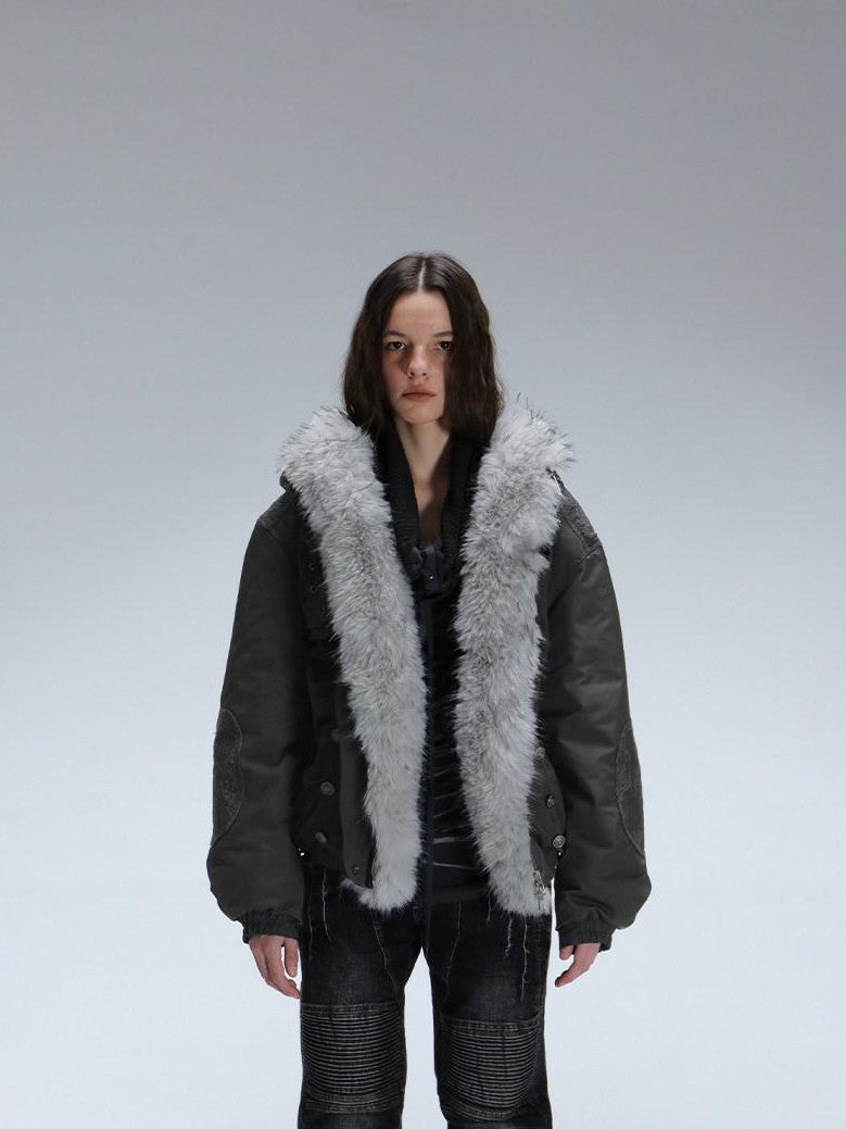 DoublePunch White Fur Collar Punk Patchwork Lace Oversized Women&