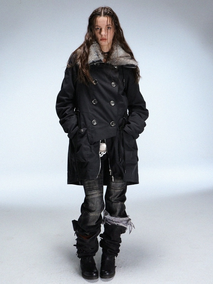 DoublePunch_need_upload Warm Cotton Mid Length Zipper Pockets Raglan Sleeves Vintage Workwear Women Coat