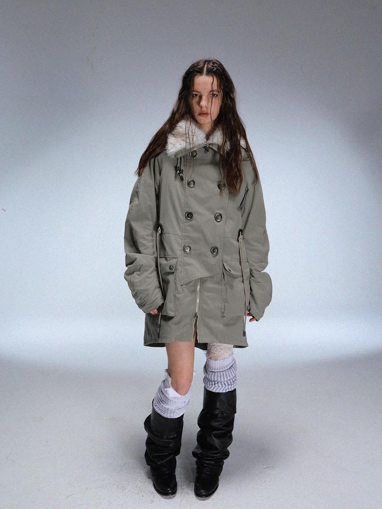 DoublePunch_need_upload Warm Cotton Mid Length Zipper Pockets Raglan Sleeves Vintage Workwear Women Coat