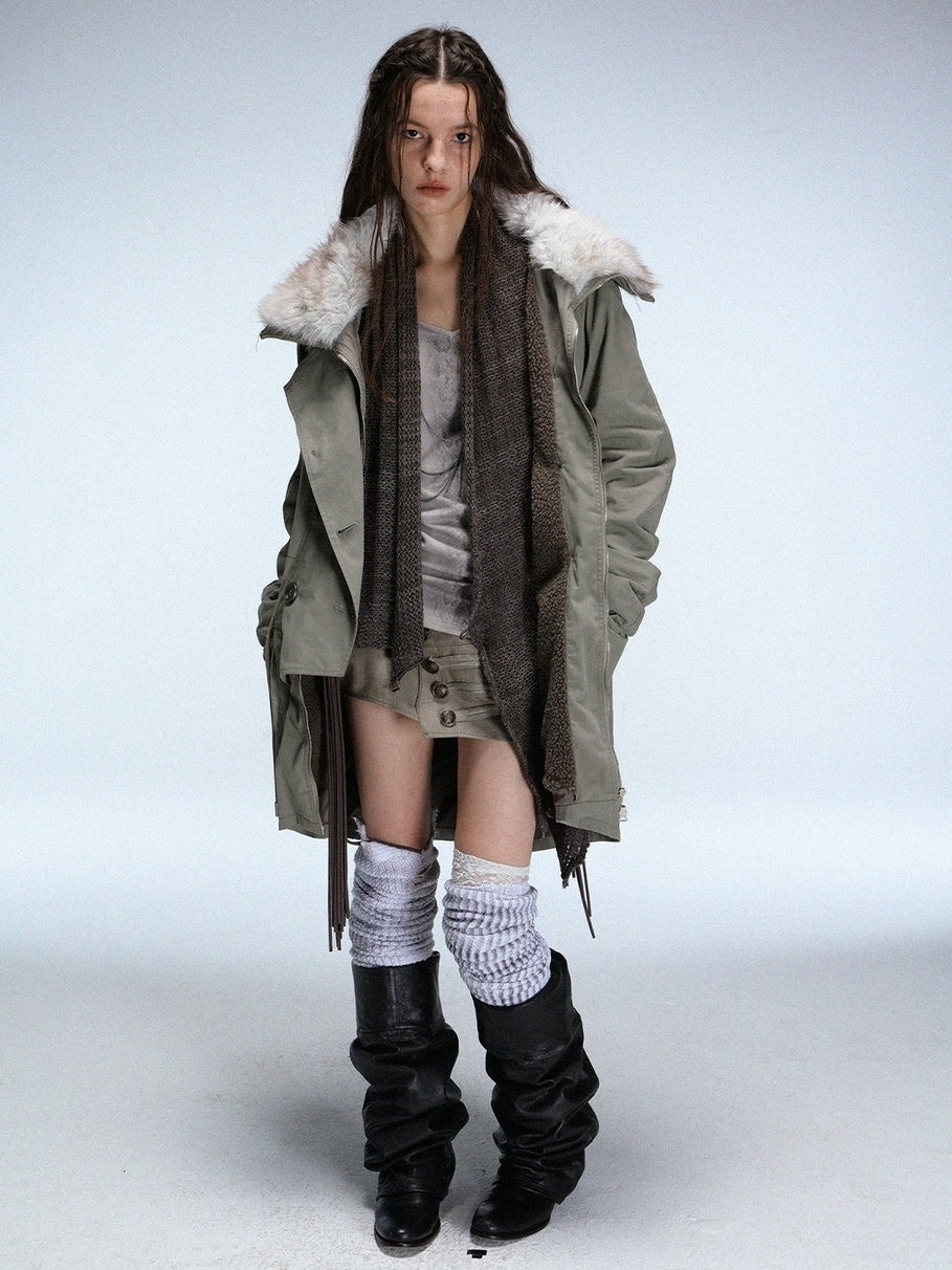 DoublePunch_need_upload Warm Cotton Mid Length Zipper Pockets Raglan Sleeves Vintage Workwear Women Coat