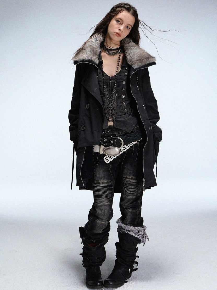 DoublePunch_need_upload Warm Cotton Mid Length Zipper Pockets Raglan Sleeves Vintage Workwear Women Coat