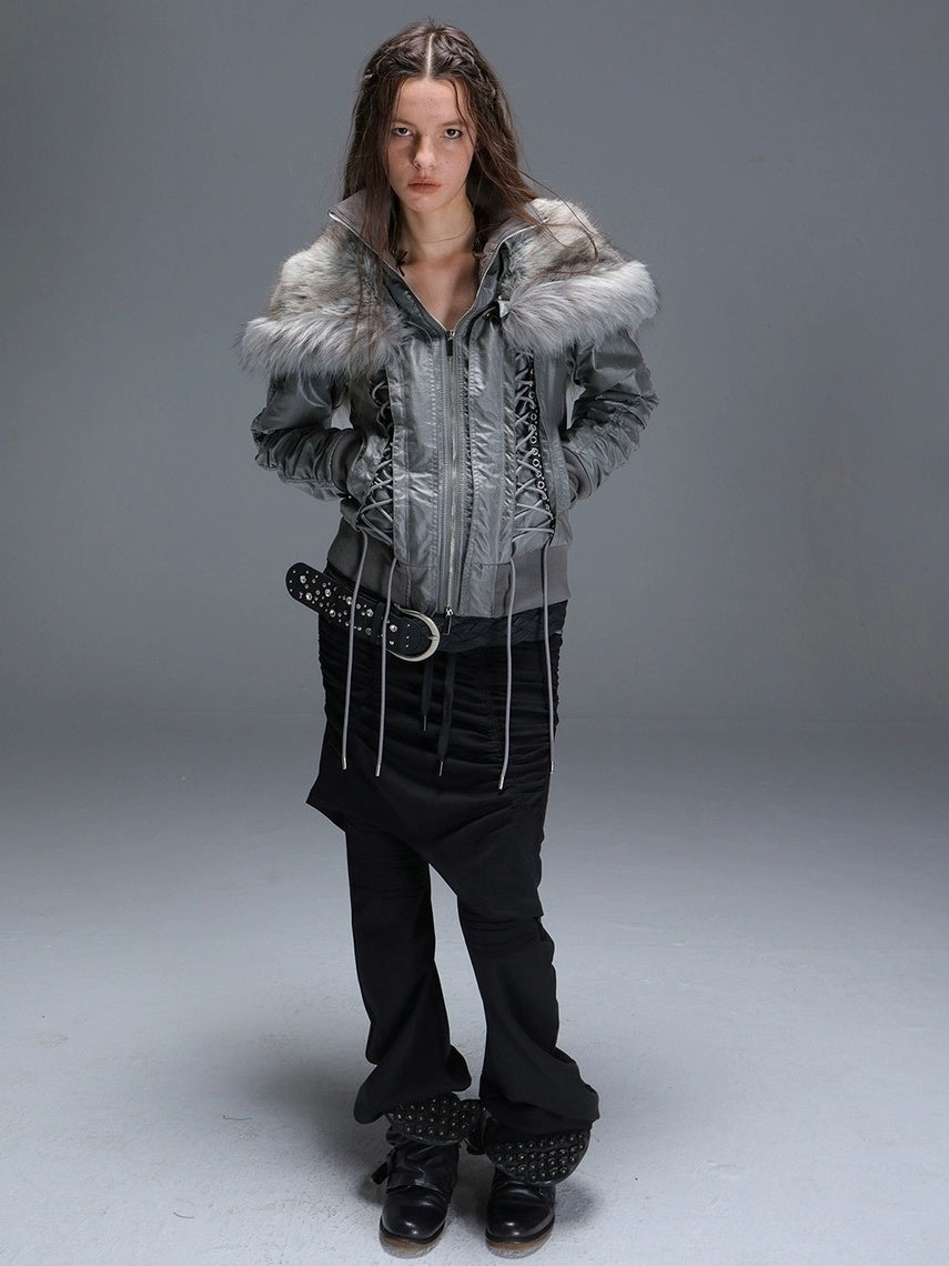 DoublePunch_need_upload Warm Padded Fur Collar Hooded Vintage Cropped Women Polyester Zip Jacket