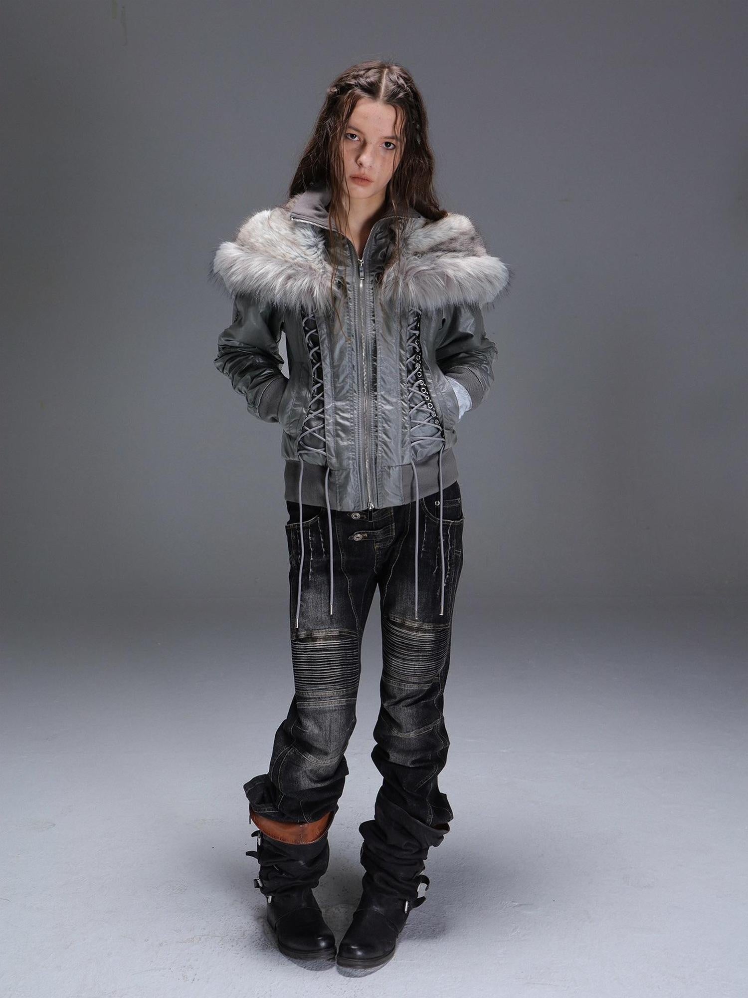 DoublePunch_need_upload Warm Padded Fur Collar Hooded Vintage Cropped Women Polyester Zip Jacket