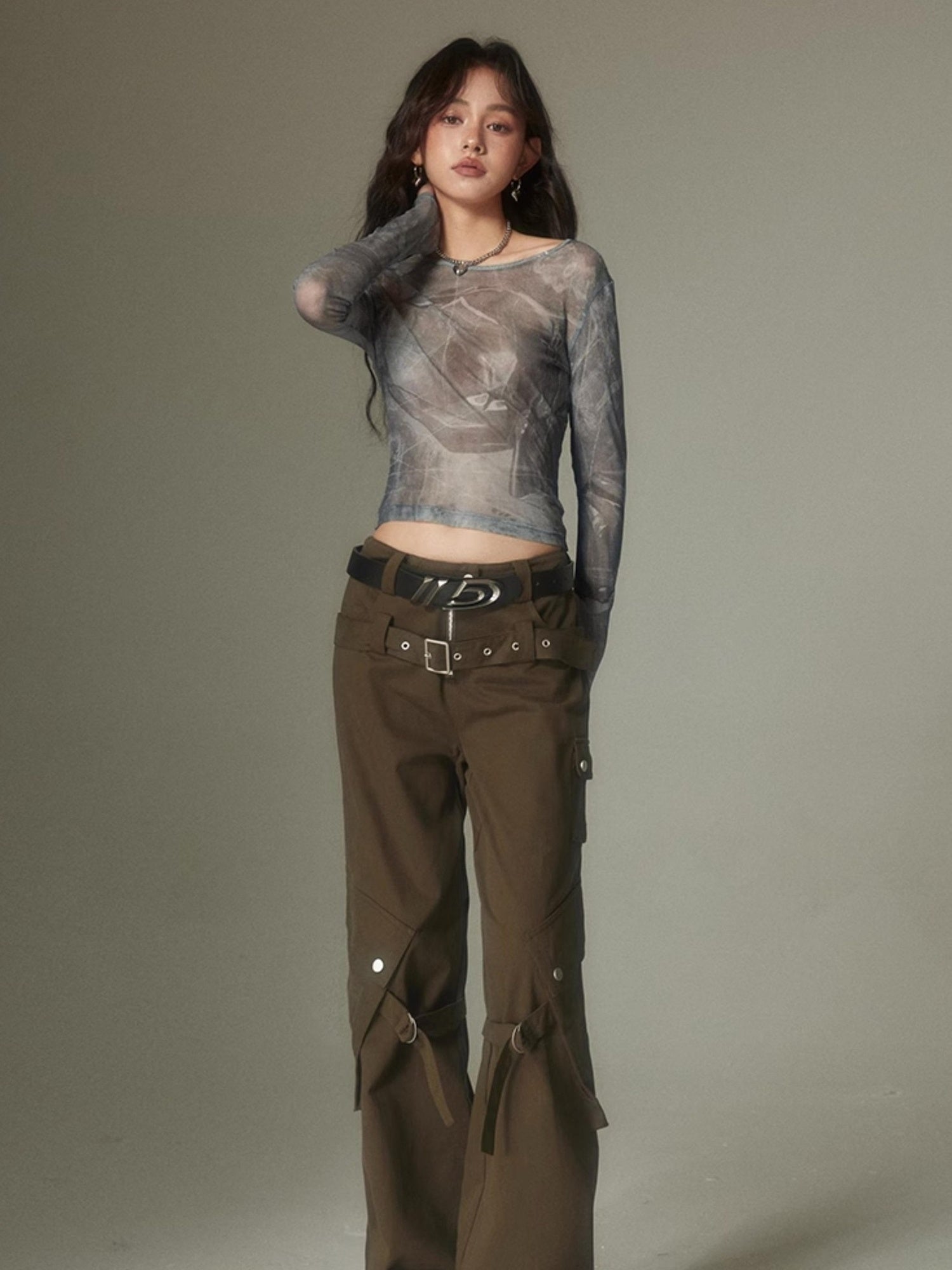 DIDDI MODA Double Belt Utility Cargo Pants Loose Straight Leg Tactical Trousers