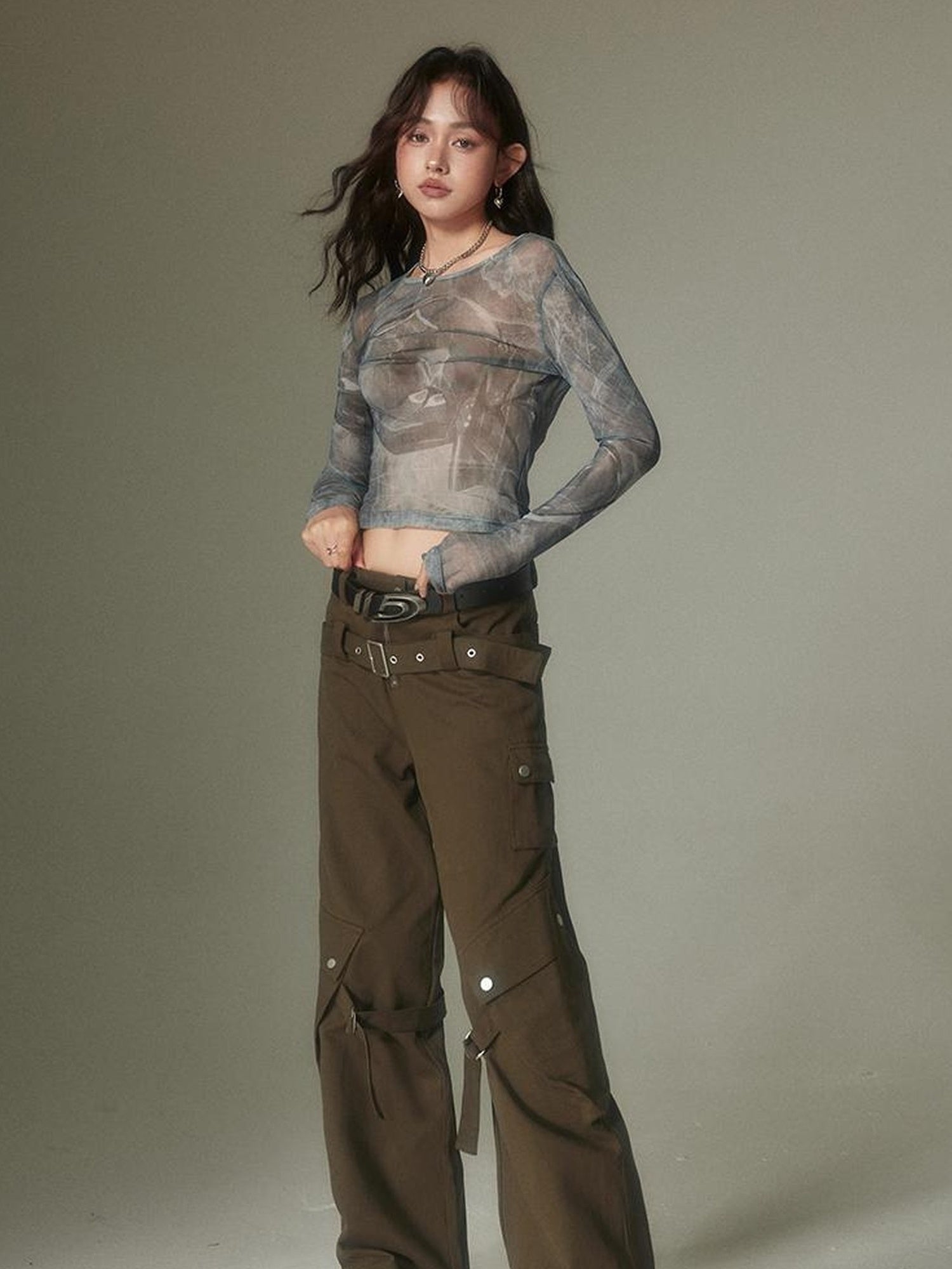 DIDDI MODA Double Belt Utility Cargo Pants Loose Straight Leg Tactical Trousers