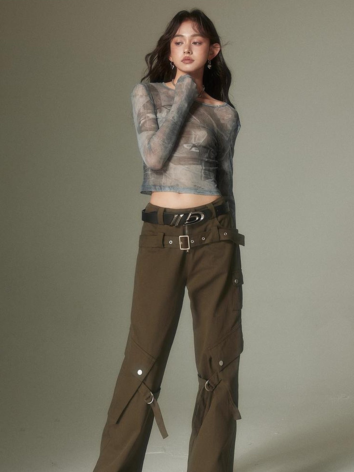 DIDDI MODA Double Belt Utility Cargo Pants Loose Straight Leg Tactical Trousers