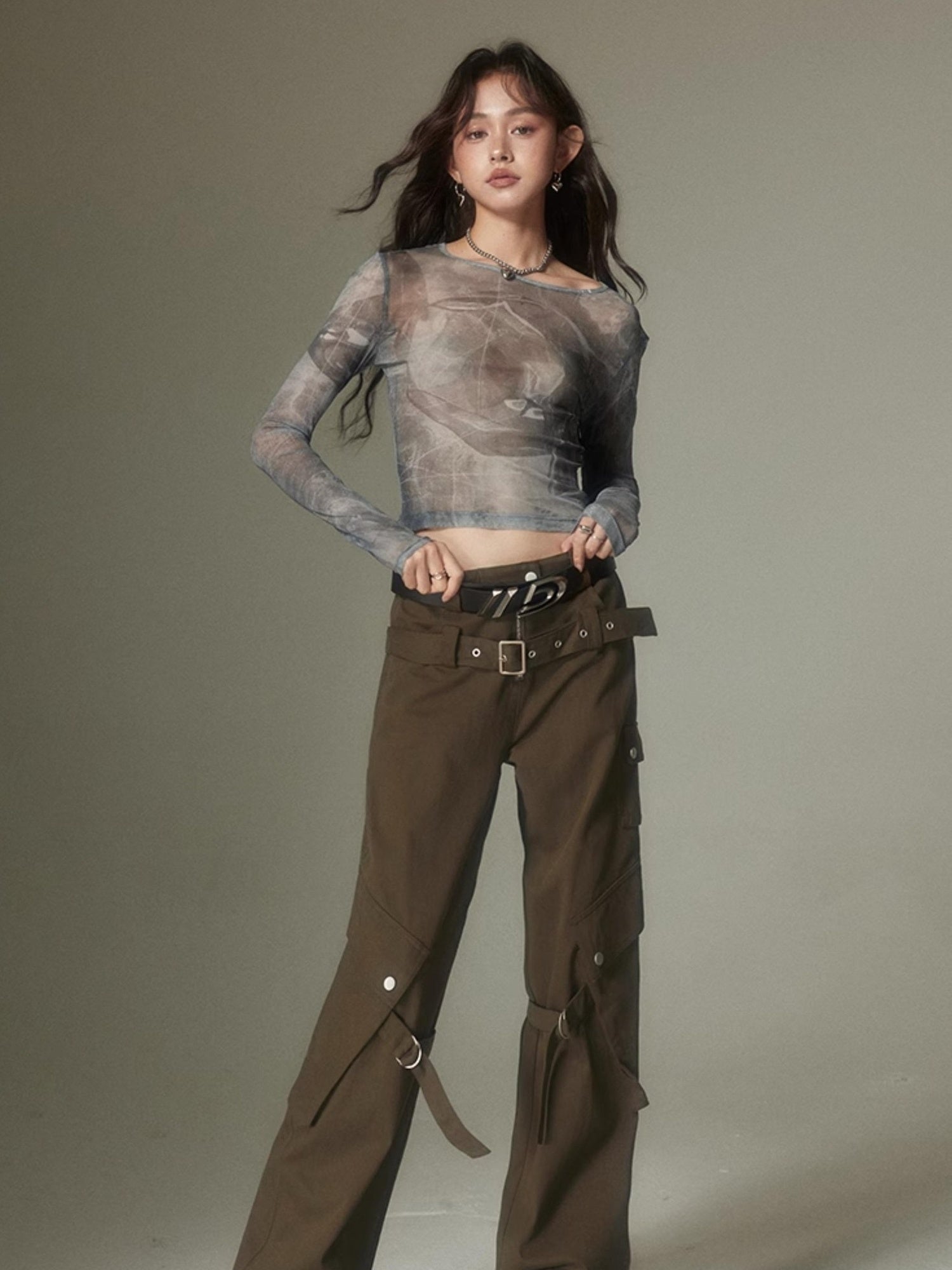 DIDDI MODA Double Belt Utility Cargo Pants Loose Straight Leg Tactical Trousers