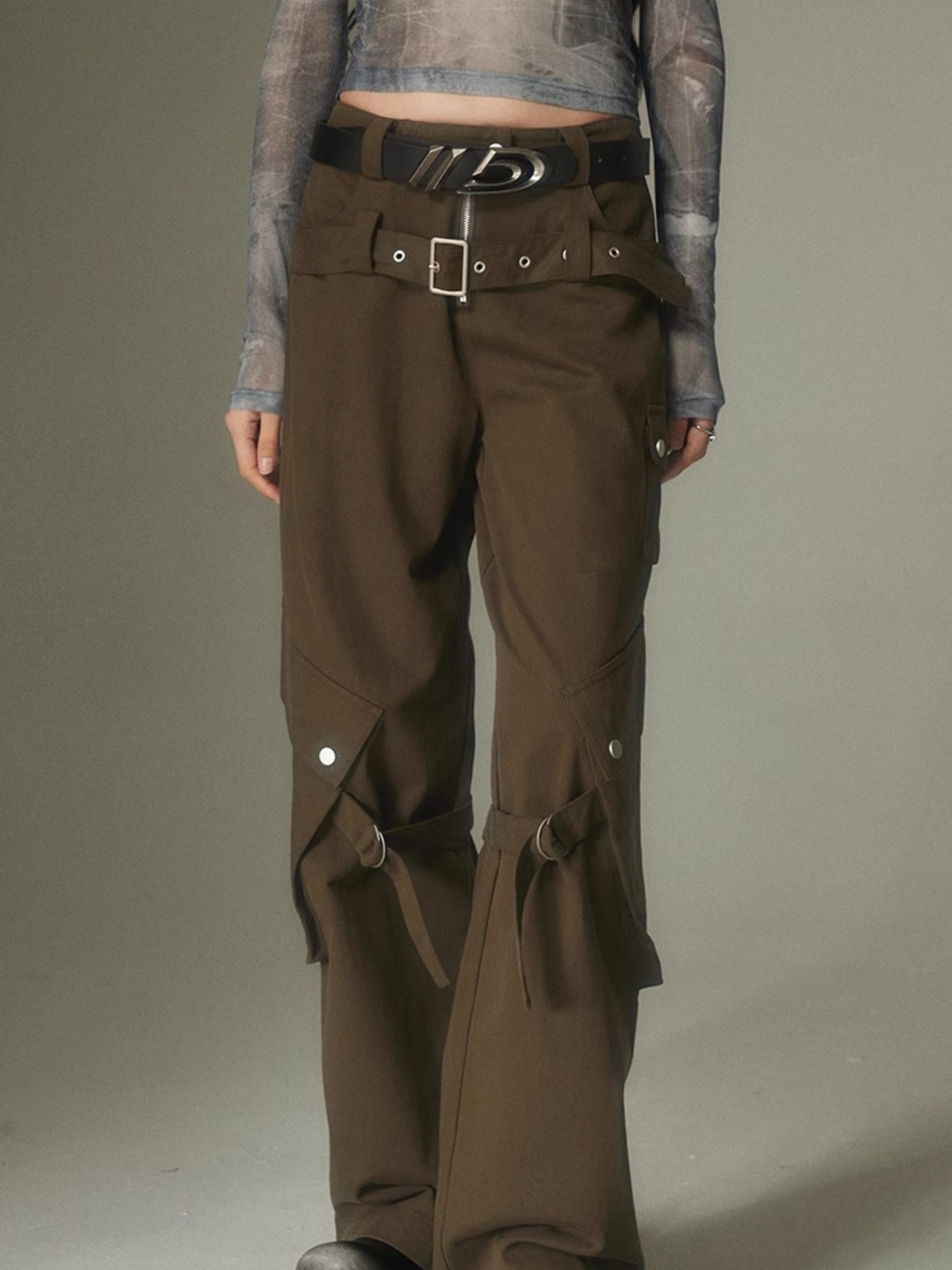 DIDDI MODA Double Belt Utility Cargo Pants Loose Straight Leg Tactical Trousers