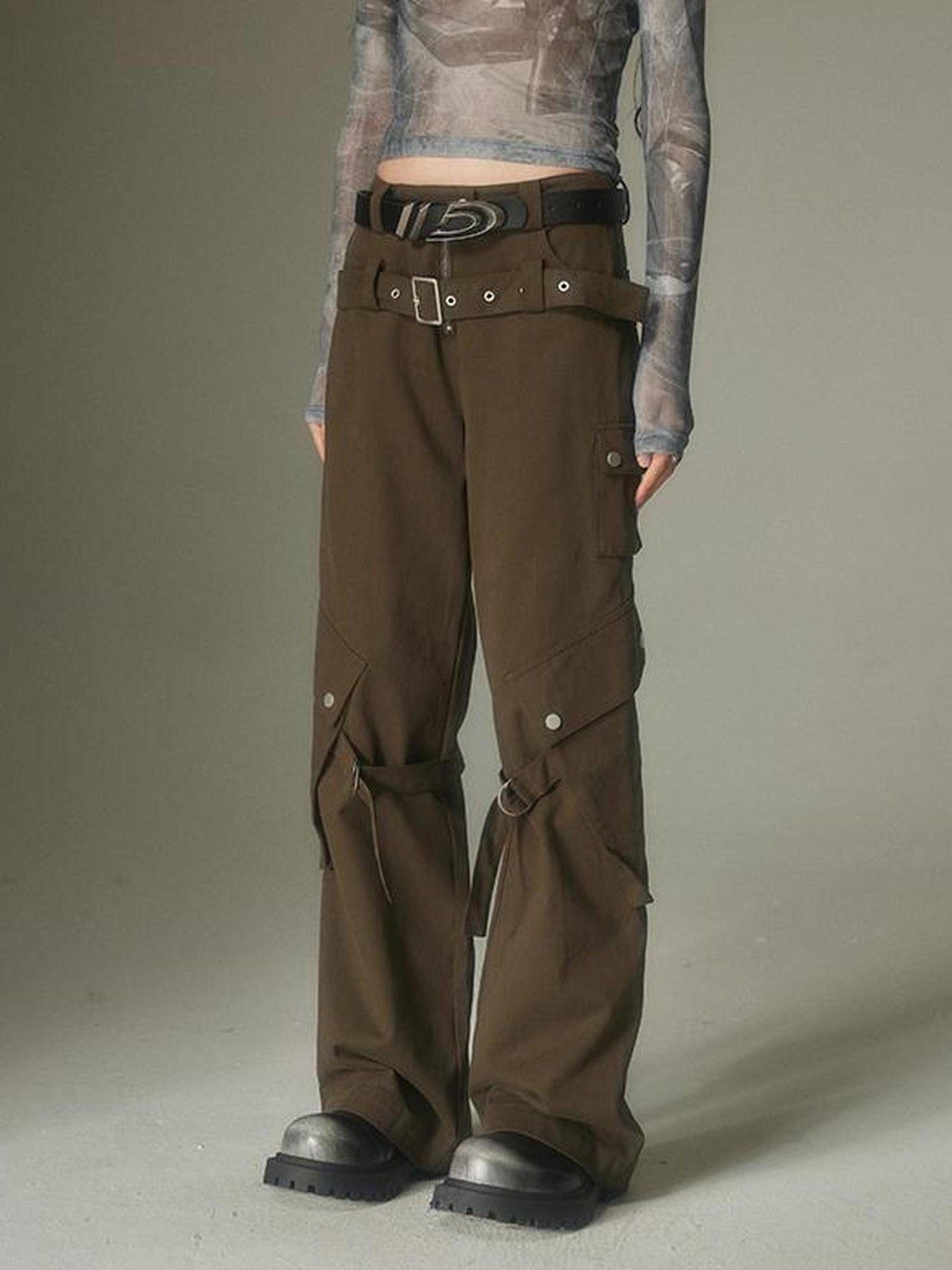 DIDDI MODA Double Belt Utility Cargo Pants Loose Straight Leg Tactical Trousers