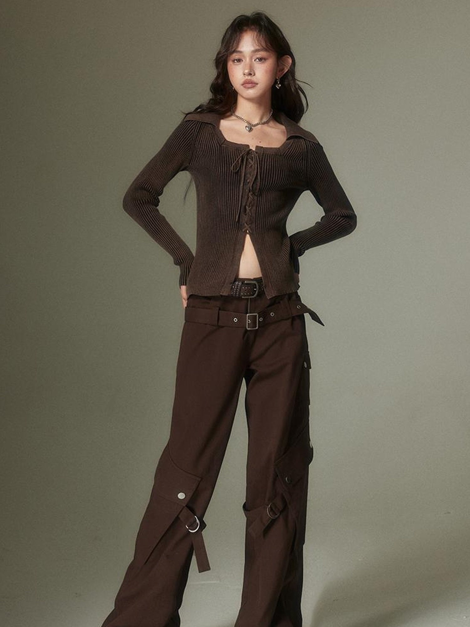 DIDDI MODA Double Belt Utility Cargo Pants Loose Straight Leg Tactical Trousers