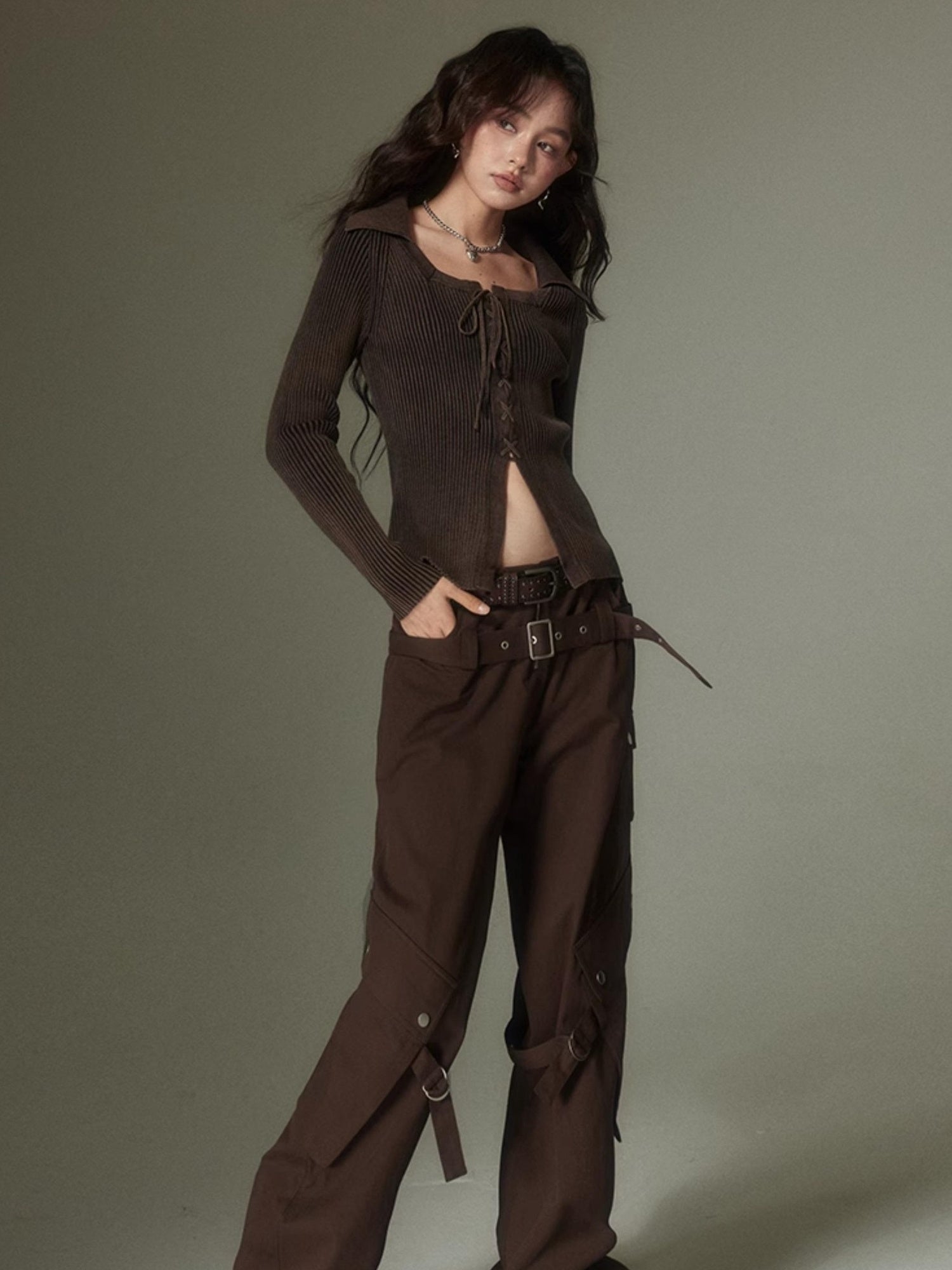 DIDDI MODA Double Belt Utility Cargo Pants Loose Straight Leg Tactical Trousers