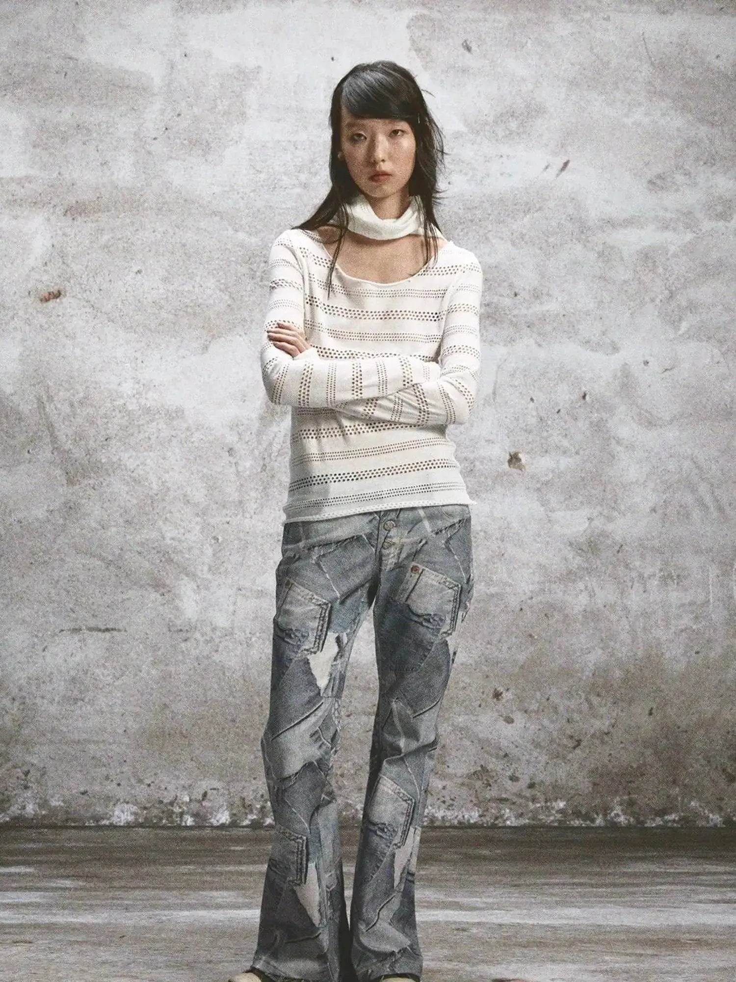 Double Layered Elastic Print Crewneck Long Sleeve Tee