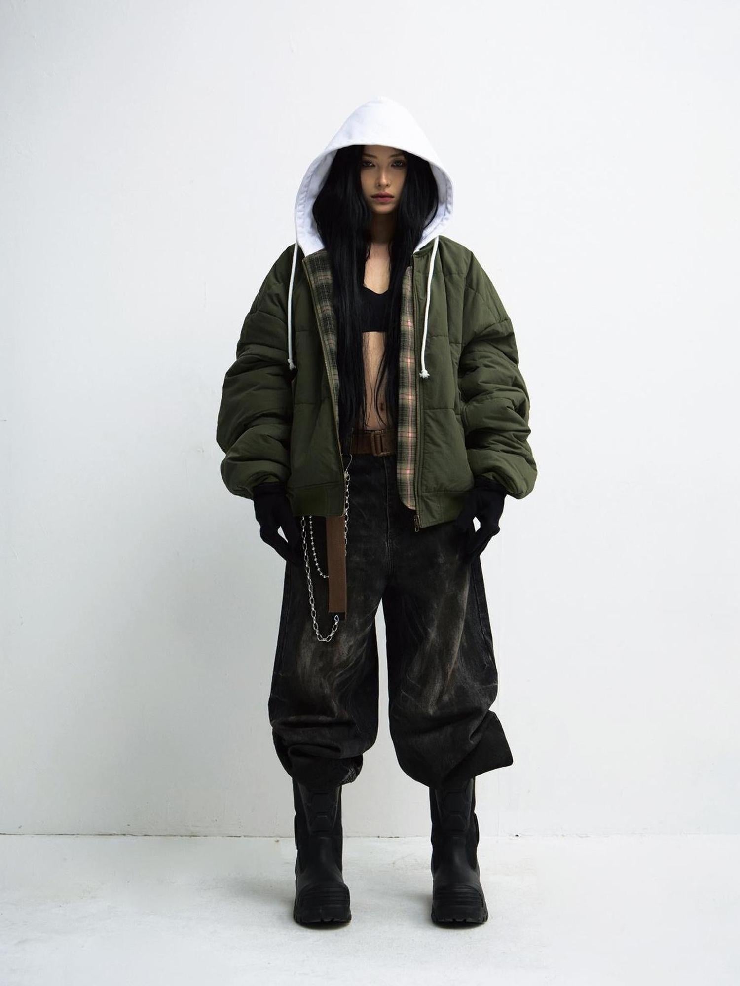 PEOPLESENSE Double Sided Checkered Detachable Hooded Padded Coat