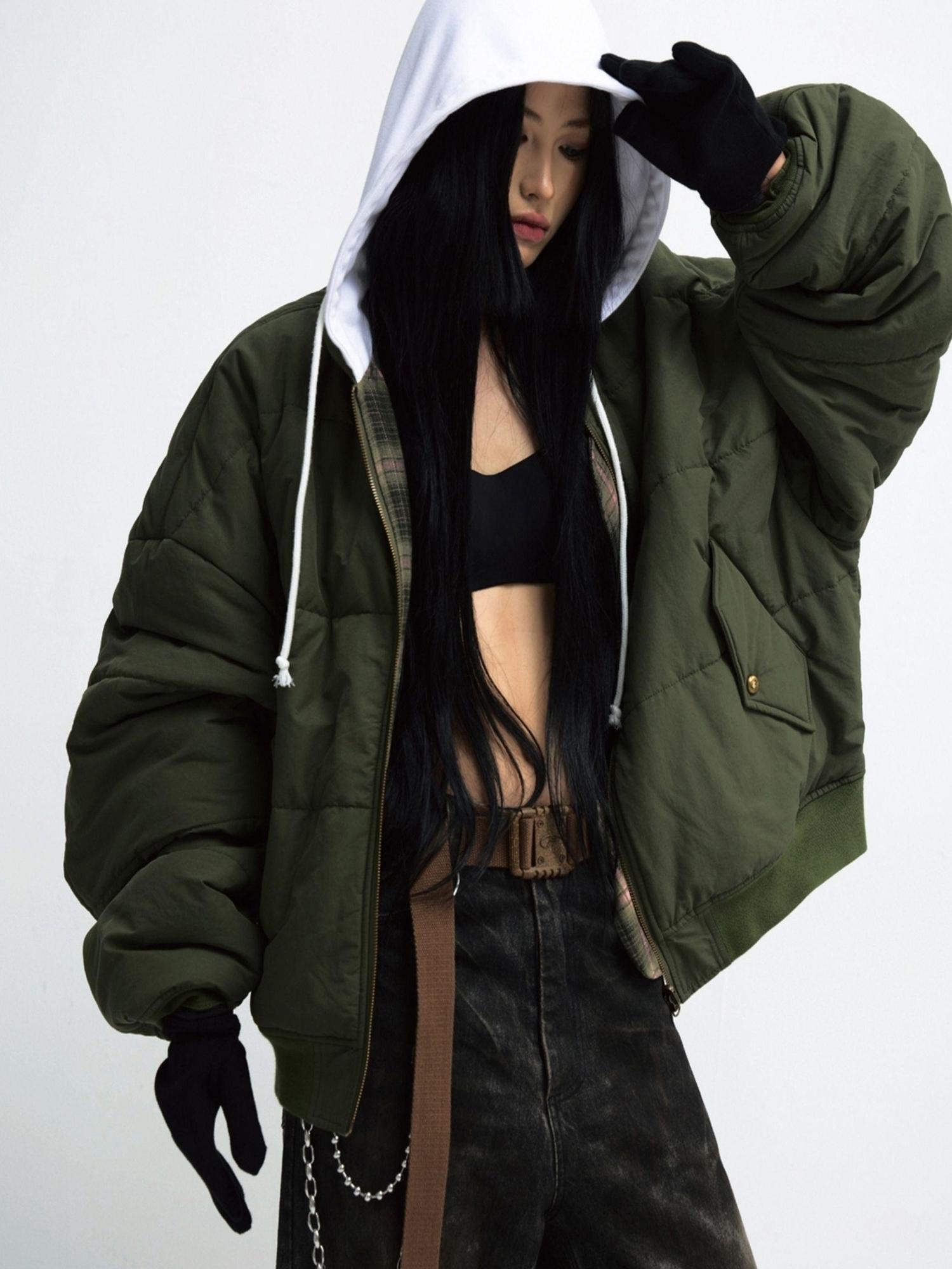 PEOPLESENSE Double Sided Checkered Detachable Hooded Padded Coat