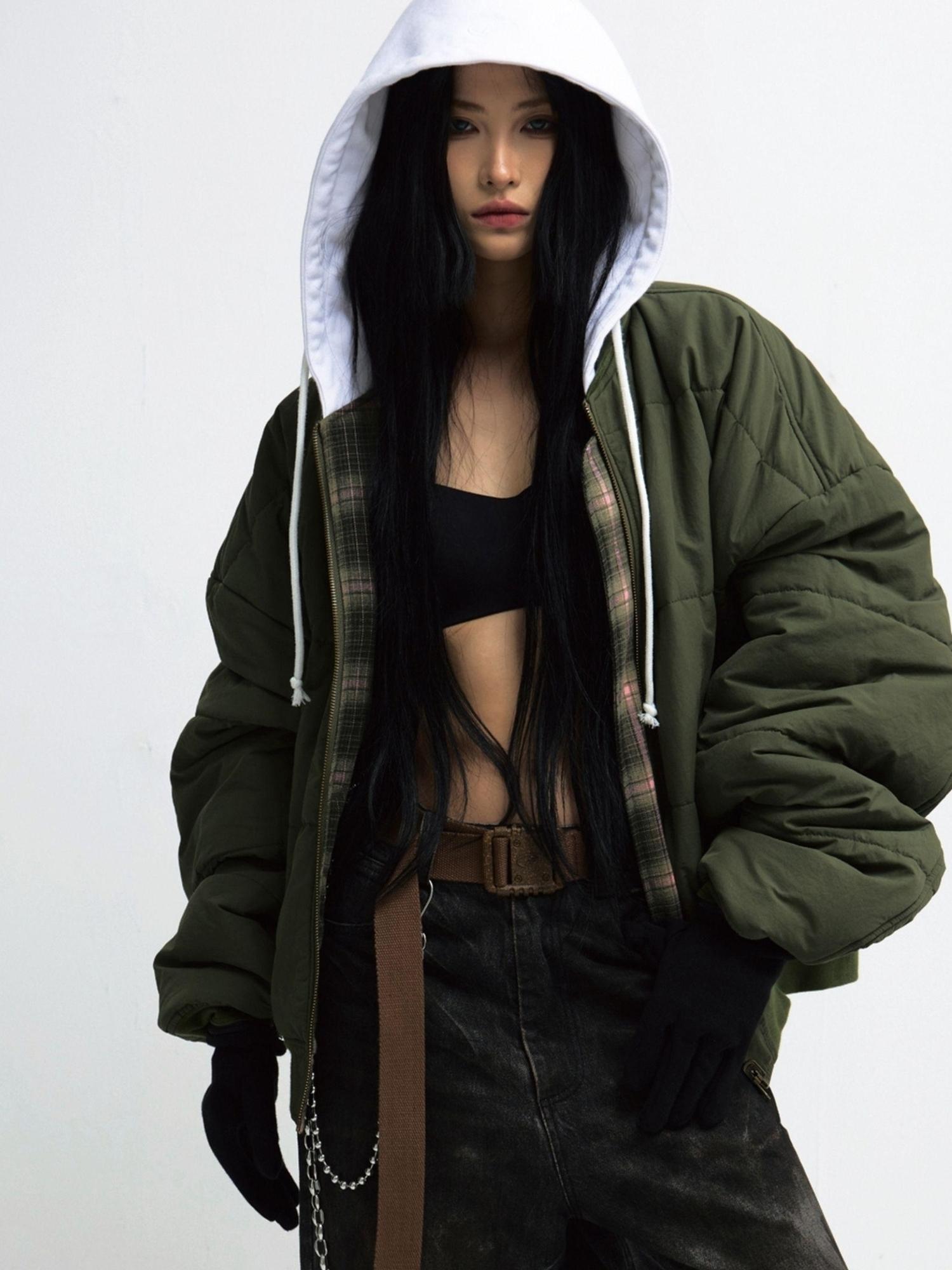 PEOPLESENSE Double Sided Checkered Detachable Hooded Padded Coat